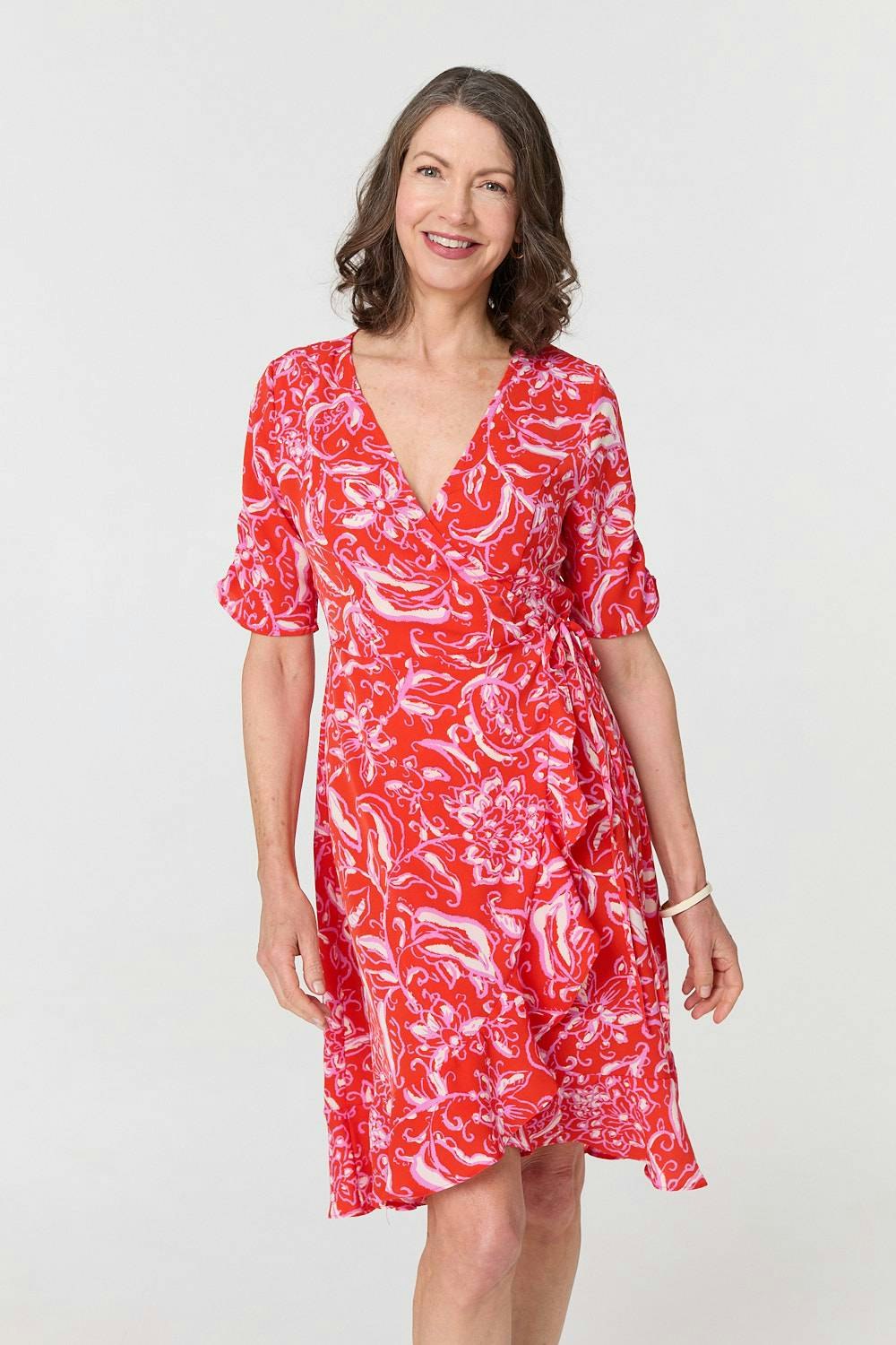 Izabel London Orange Printed Frill Wrap Knee Length Dress - 8