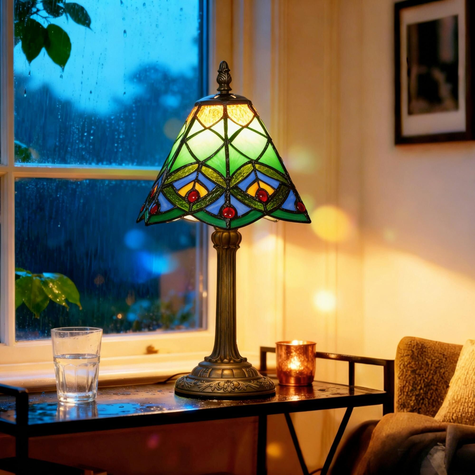 Homcom Unisex Green Handcrafted Stained Glass Bedside Lamp, Tiffany Style Table Lamp In - Image 3