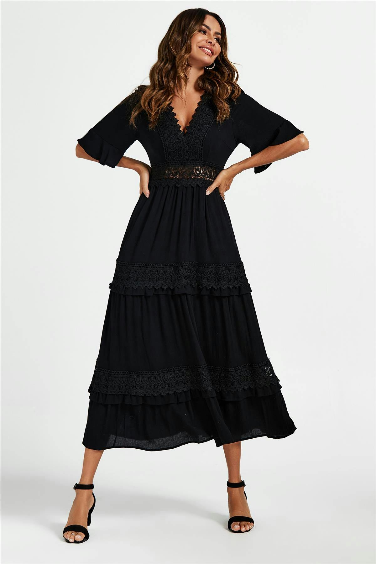 Fs Collection Black V Neck Lace Detail Midi Dress In - Xs