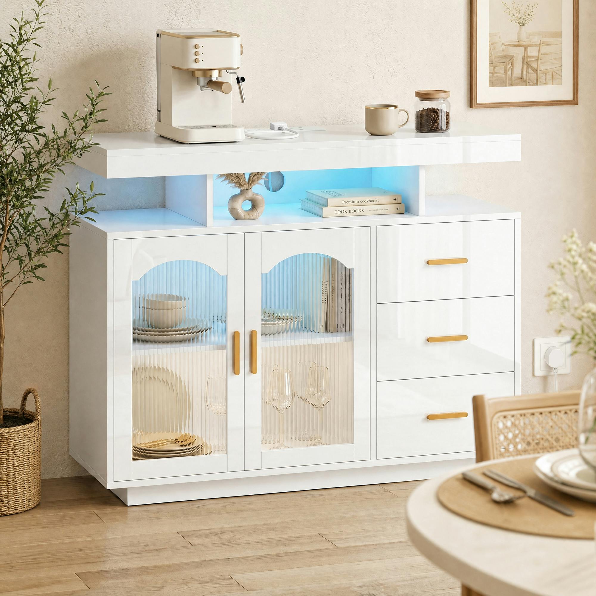 High Gloss Sideboard with LED Lights Built-in Power Outlets 3 Drawers White - Image 3