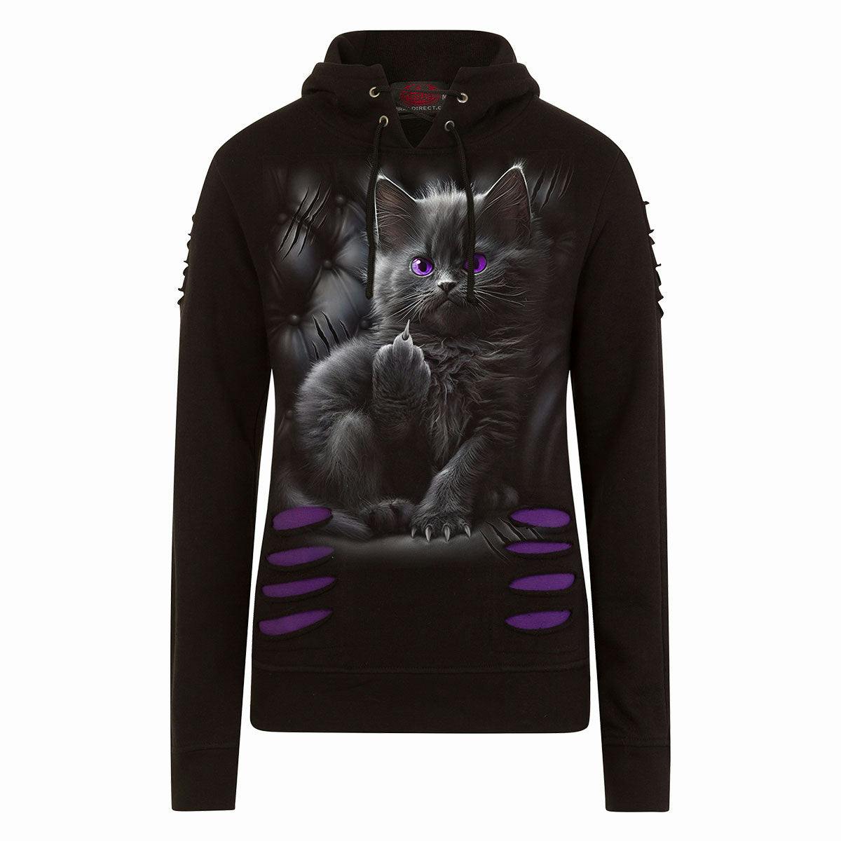 Spiral Direct Purple/Black Cattitude - Large Hood Ripped Hoody - Xxl - Digital - Digital