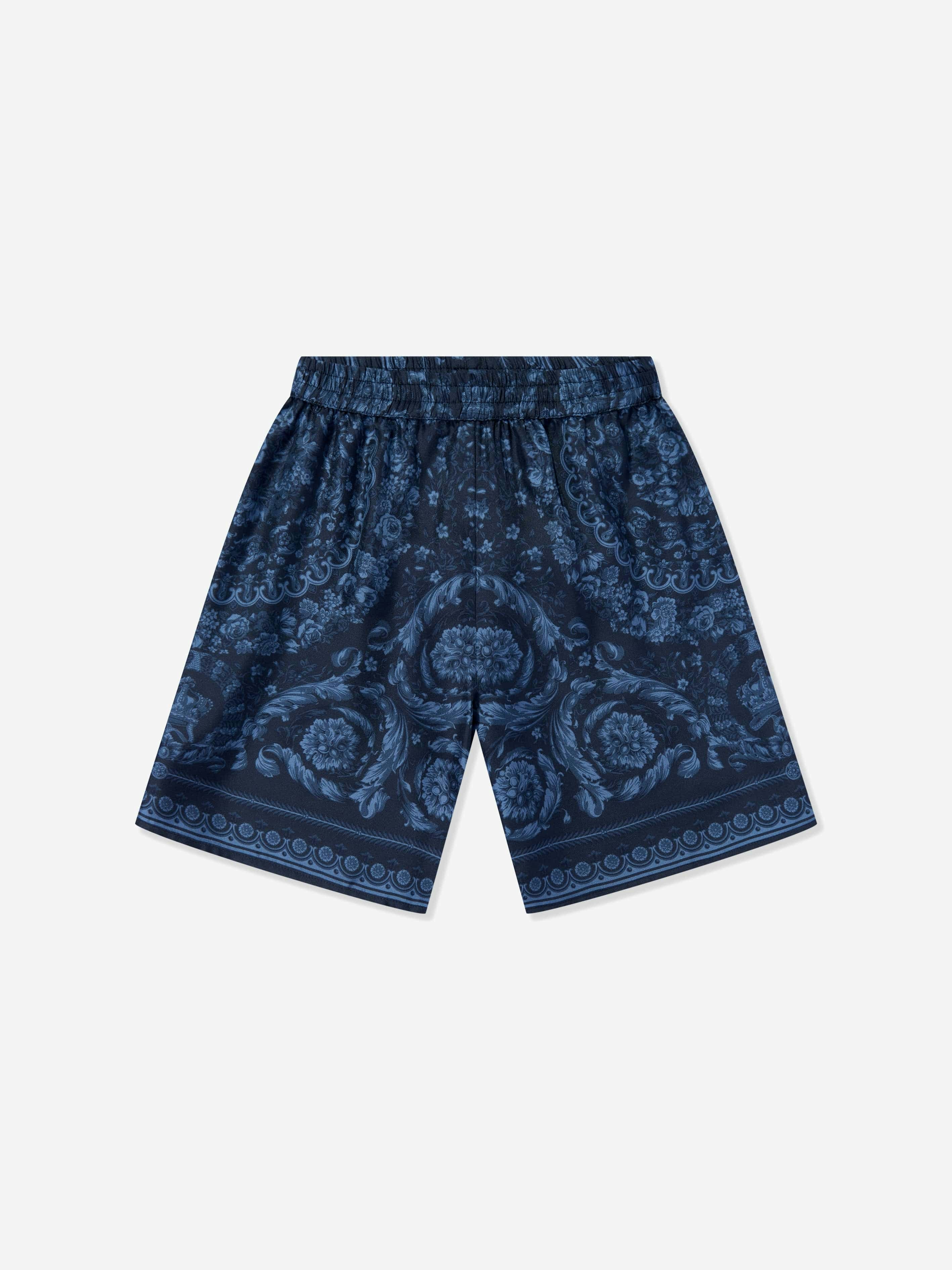 Versace Boys Blue Silk Barocco Shorts In Navy - 14 Yrs