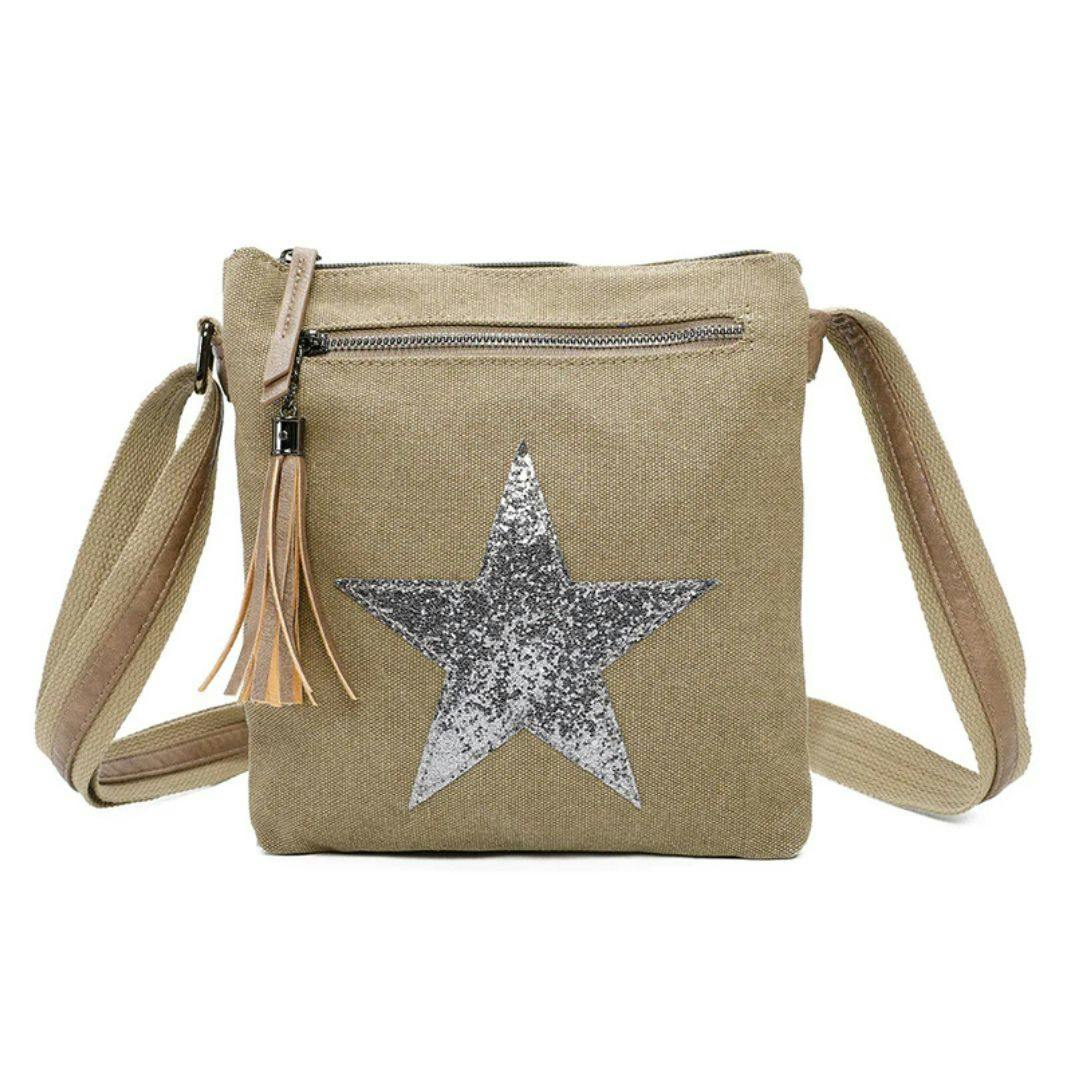 Love Emvy Metallic Star Canvas Crossbody Bag - Khaki