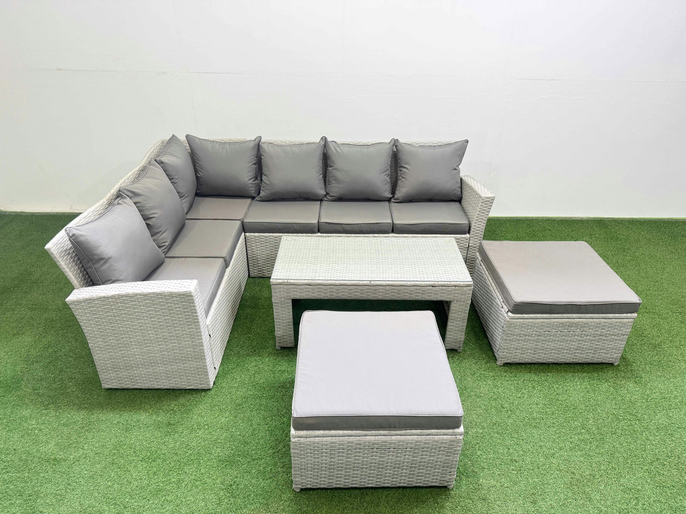 Rackhams Light/Grey Rattan Garden Furniture Set Outdoor 8 Seater Corner Sofa Sets With Oblong Coffee Table 2 Big Footstools Mixed