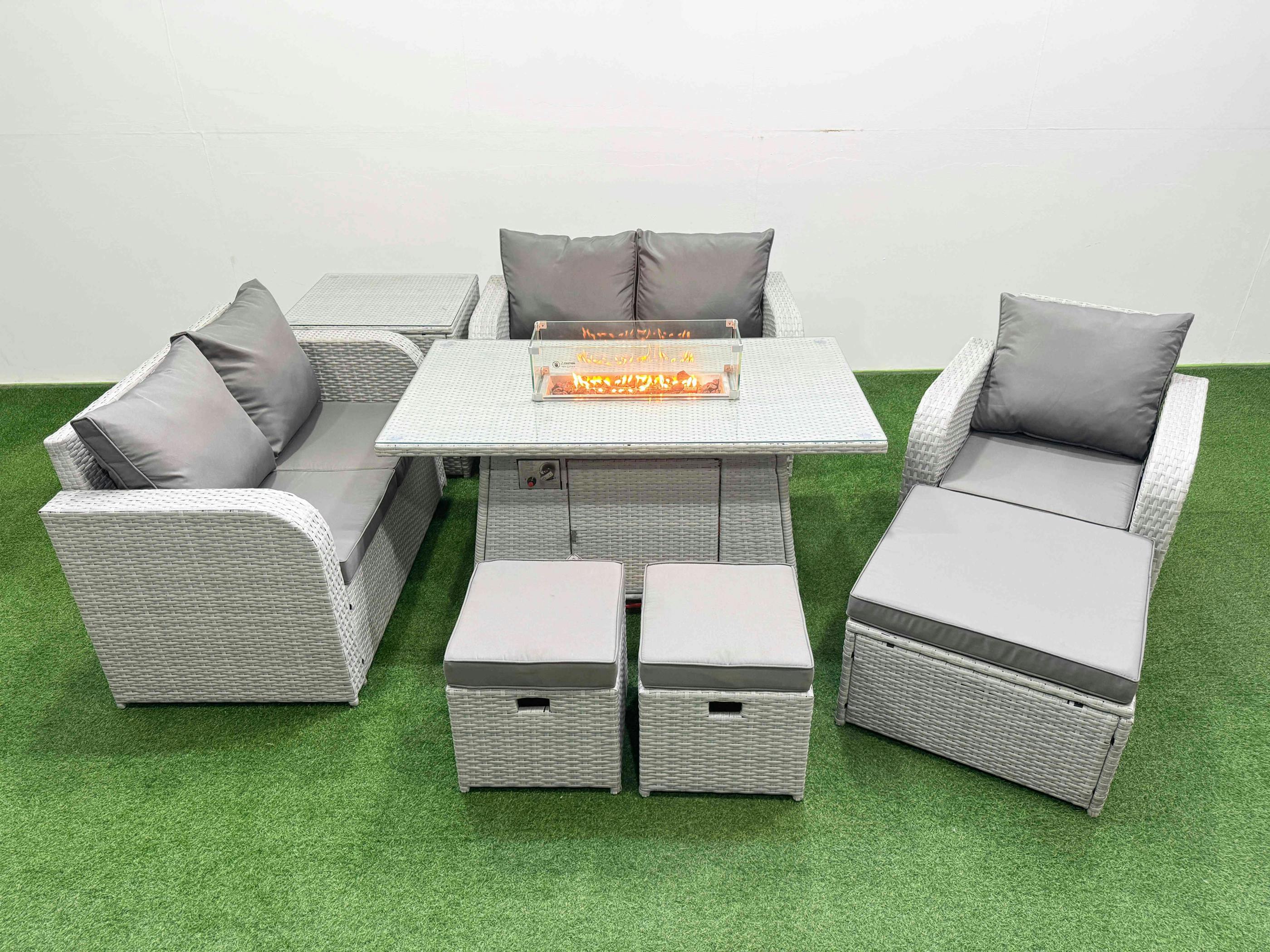 Fimous Light/Grey High Back Poly Rattan Garden Furniture Set, Reclining Chair, Loveseat, Firepit Table, Indoor Outdoor, 3 Stools, Side Table,