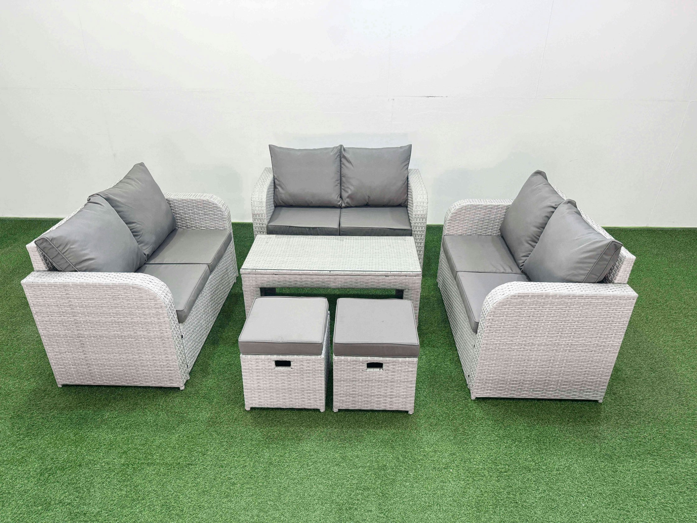 Fimous Light/Grey 8 Seater Pe Wicker Rattan Furniture Sofa Sets With Oblong Coffee Table 2 Seater Love Sofa 2 Stool