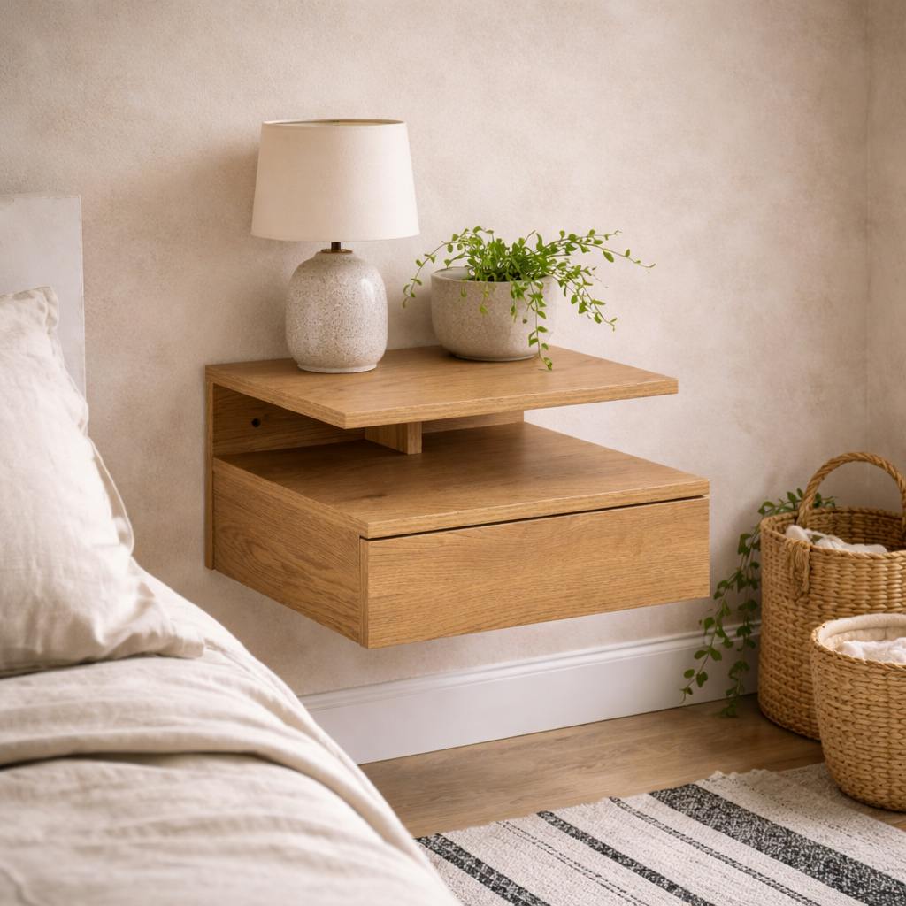 Wyld Haus Lincoln Wild Oak Effect Wood Floating Bedside Table 1 Drawer Open Shelf