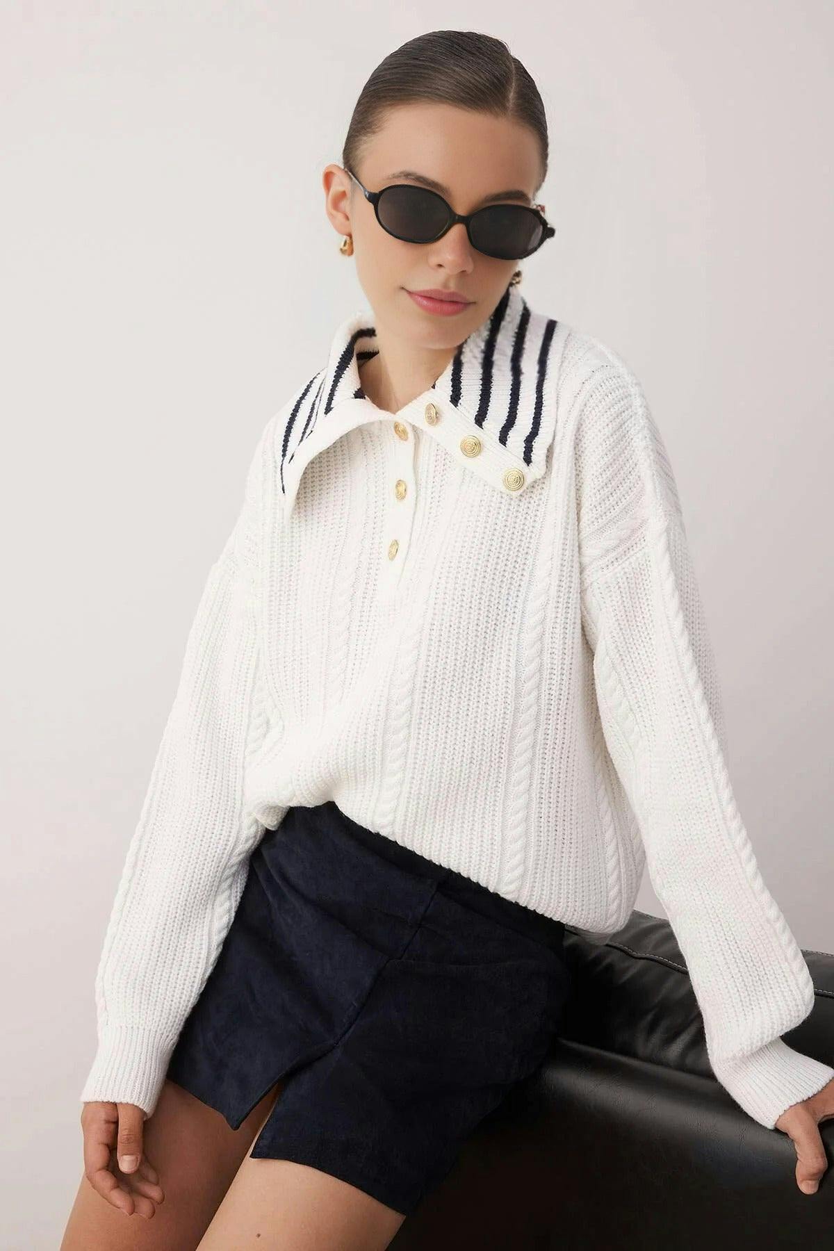 Wovcor Braided Wide Fit Turn-Down Neck Knit Sweater - Ecru - S