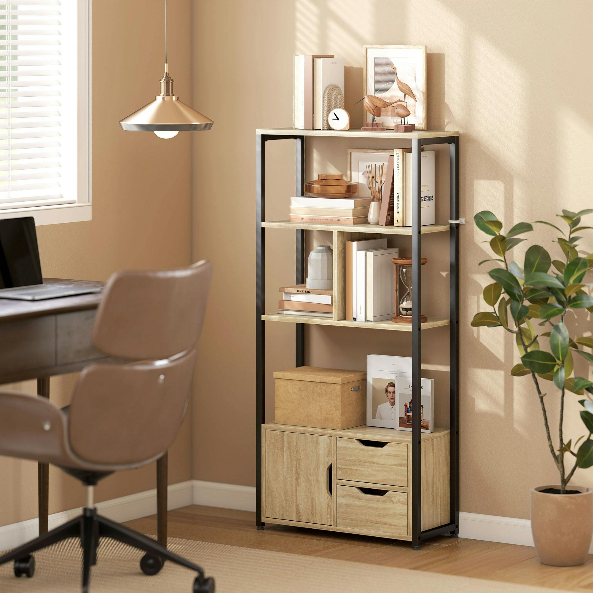 Rackhams Black Industrial Bookshelf With 1 Cabinet And 2 Drawers, Natural Wood - 24