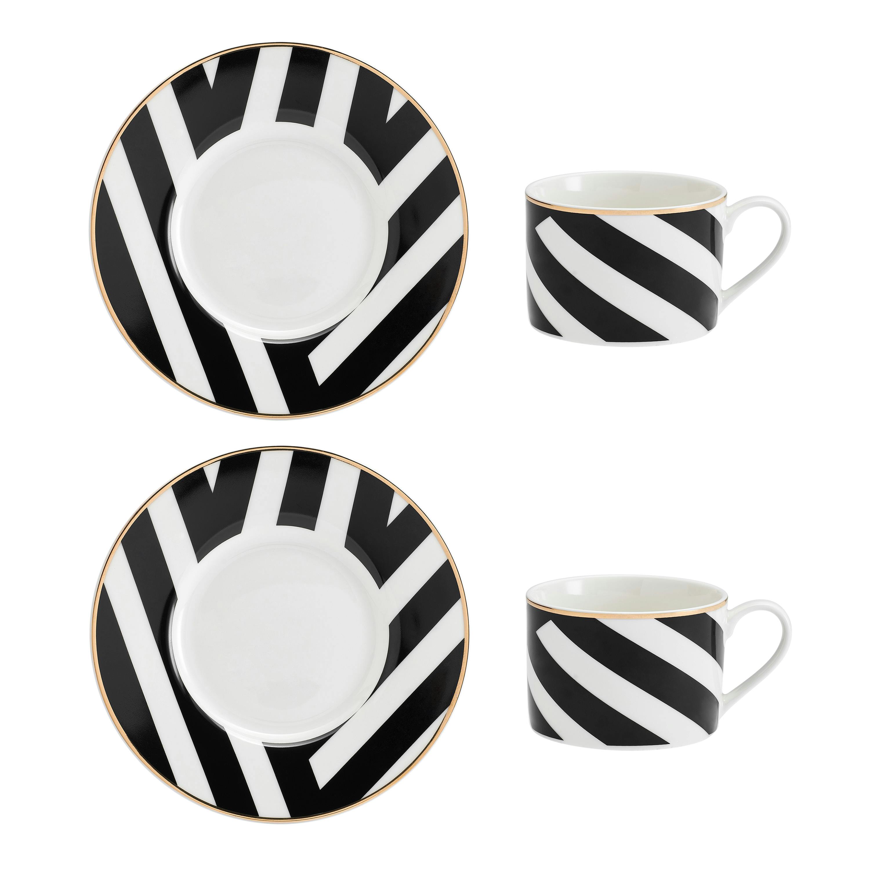 Rackhams Black/White Luxe Deco Geometric Print China Tea Cups And Saucers, Set Of 2, 200Ml - / - Clay - Cup And Saucer