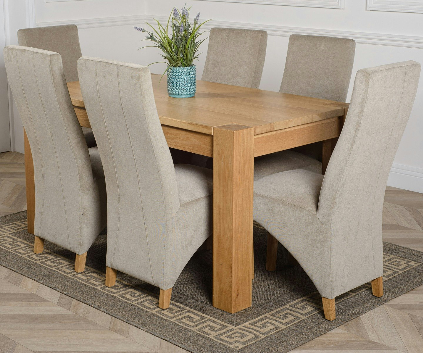 Rackhams Grey Kuba Medium Oak Dining Table With Lola Fabric Chairs - 6 Chairs