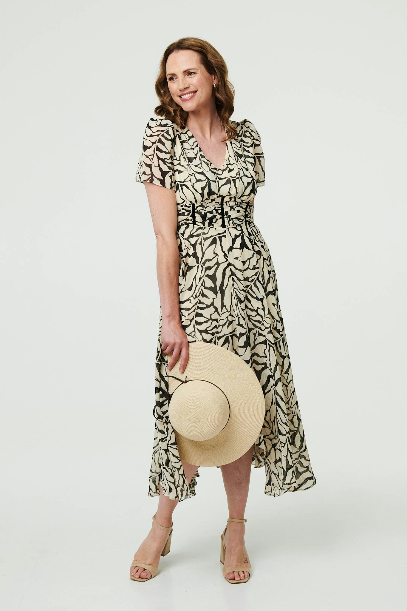 Izabel London White Printed Ruched Front V-Neck Midi Dress - 10