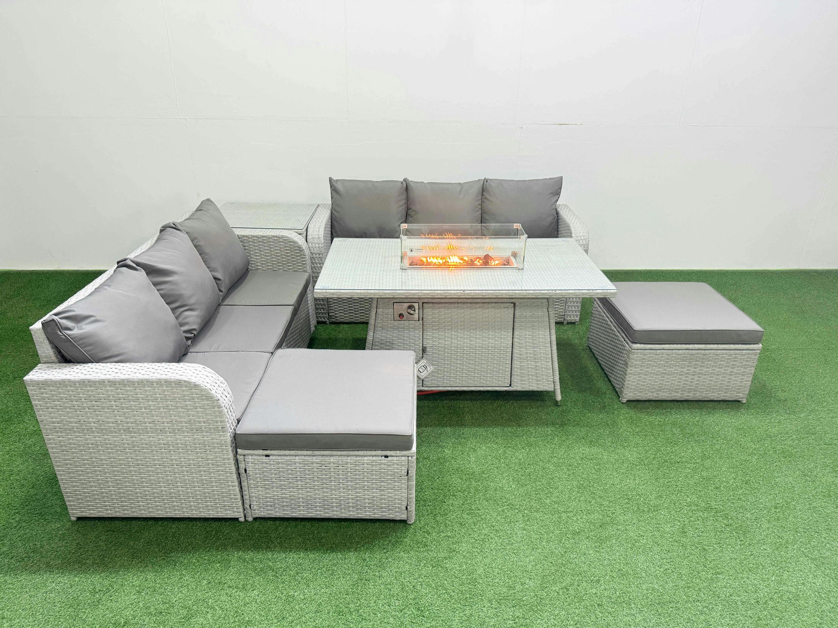Rackhams Light/Grey 8 Seater Wicker Rattan Garden Furniture Patio Set, Firepit Table, High Back Lounge Sofa, 2 Big Footstool, Side Table,