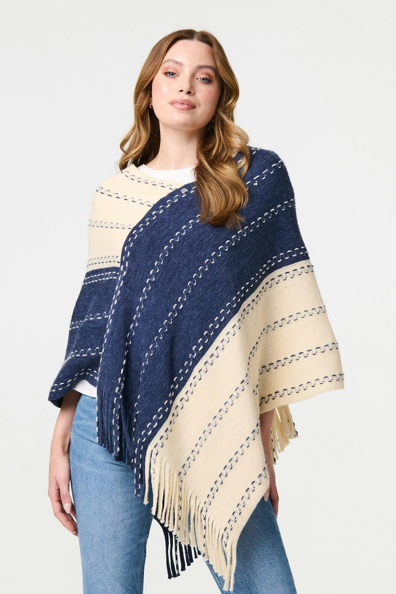 Izabel London Blue Striped Tassel Trim Oversized Poncho - 8/10