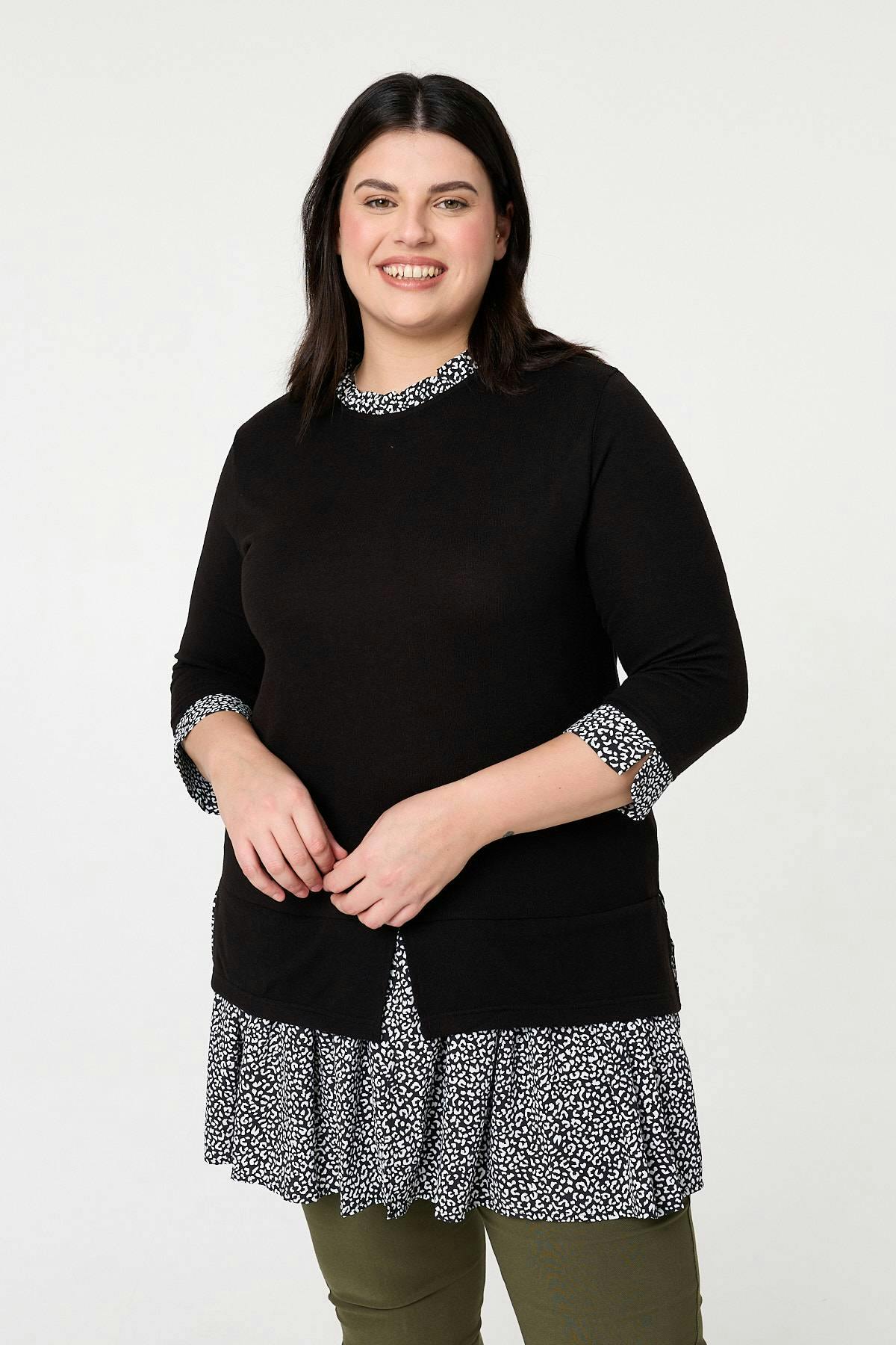Izabel London Black Curve Layered Ruffled Shirt Jumper Top - 22