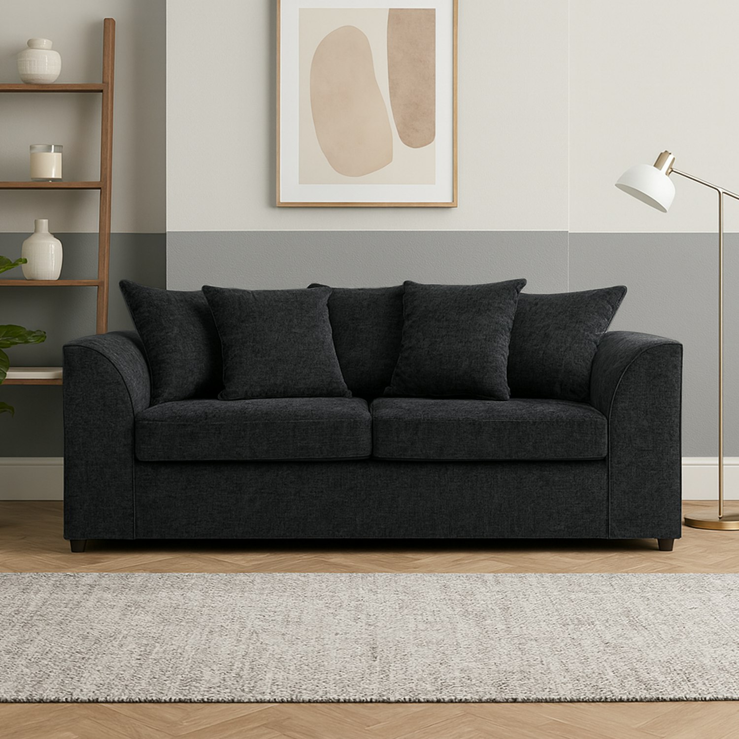 Furnishings For Less Black Monaco Chenille Fabric 3 Seater Sofa