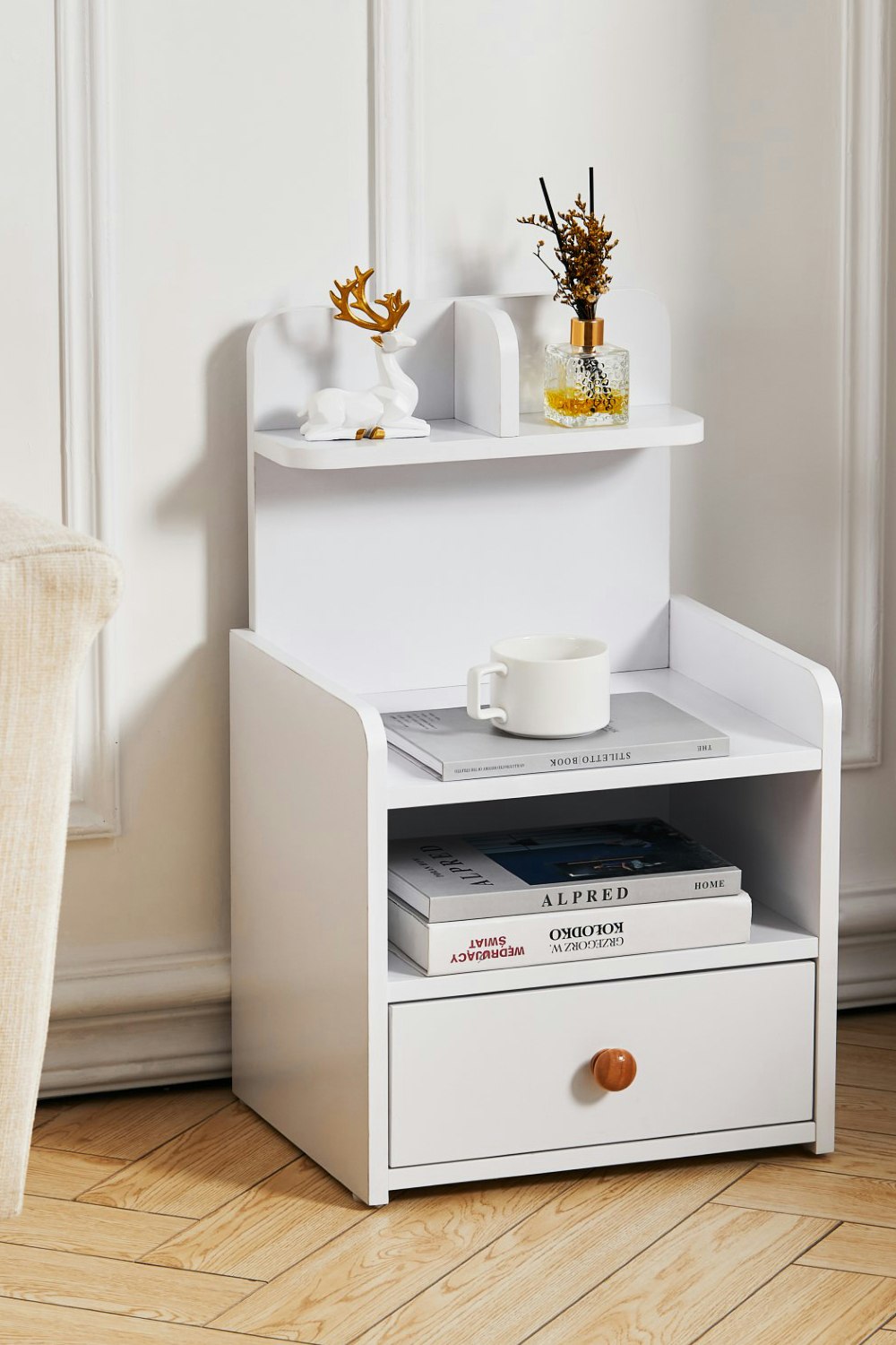 Living And Home White One Drawer Wooden Bedside Table