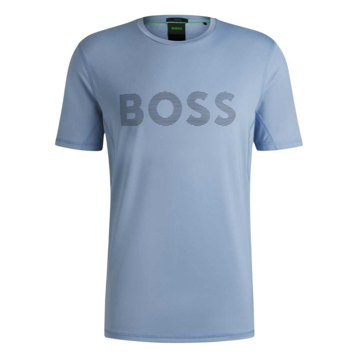 Boss Men's Blue Striped Logo Regular T-Shirt - L - 92% Recycled Polyester/8% Elastane