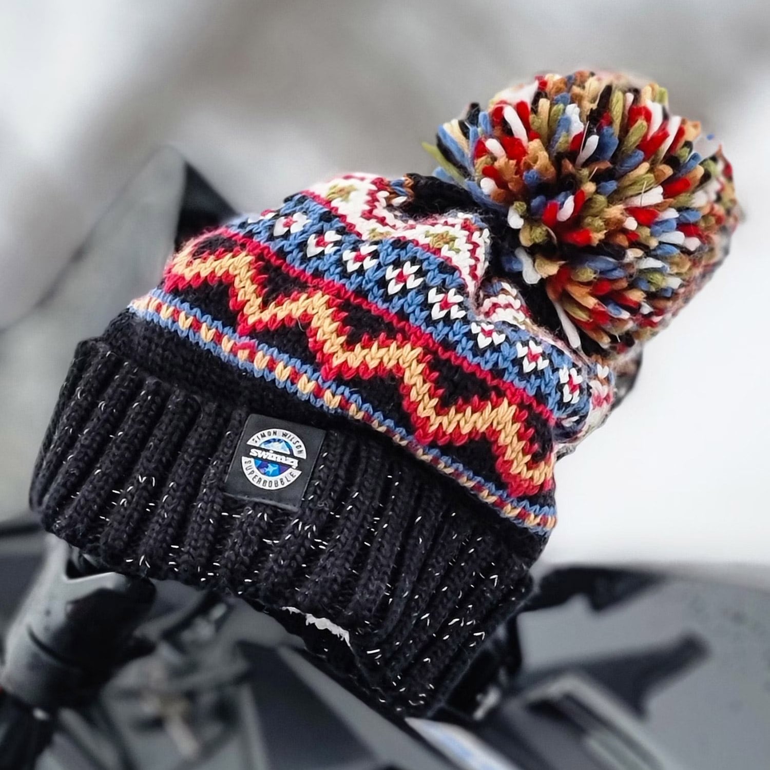 Superbobble Unisex Black Simon Wilson Fairisle Knit Beanie Bobble Hat - Image 4