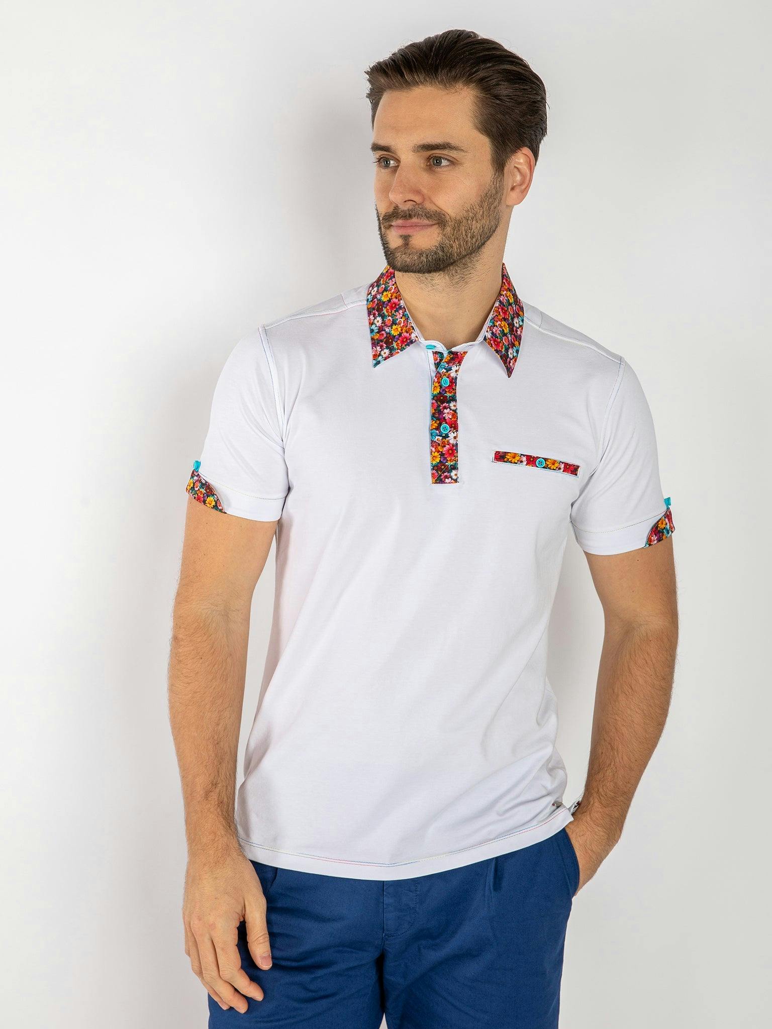 Claudio Lugli Men's White Signature Polo Shirt With Floral Insert - Small