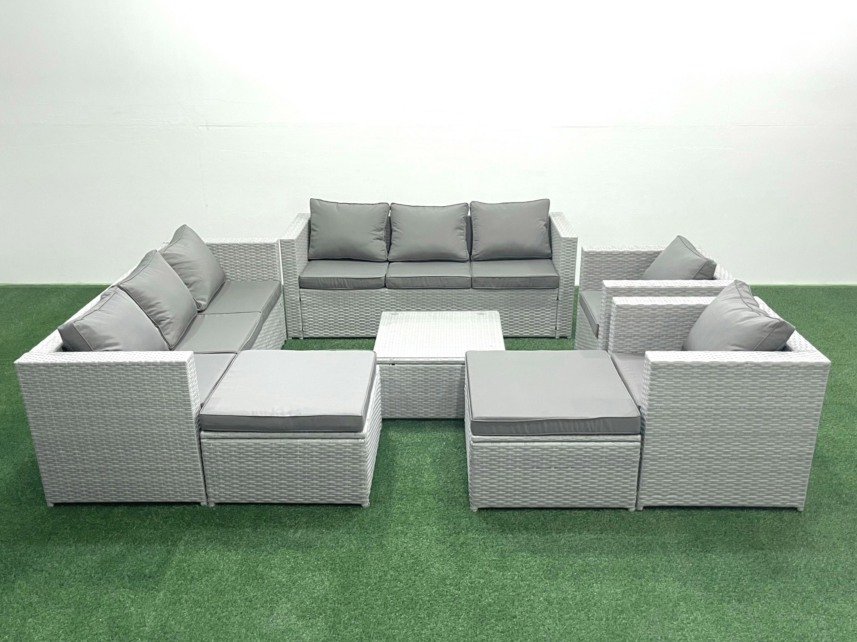 Fimous Light/Grey Outdoor Rattan Sofa Garden Furniture Set With 2 Armchairs Square Coffee Table 2 Big Footstools Mixed
