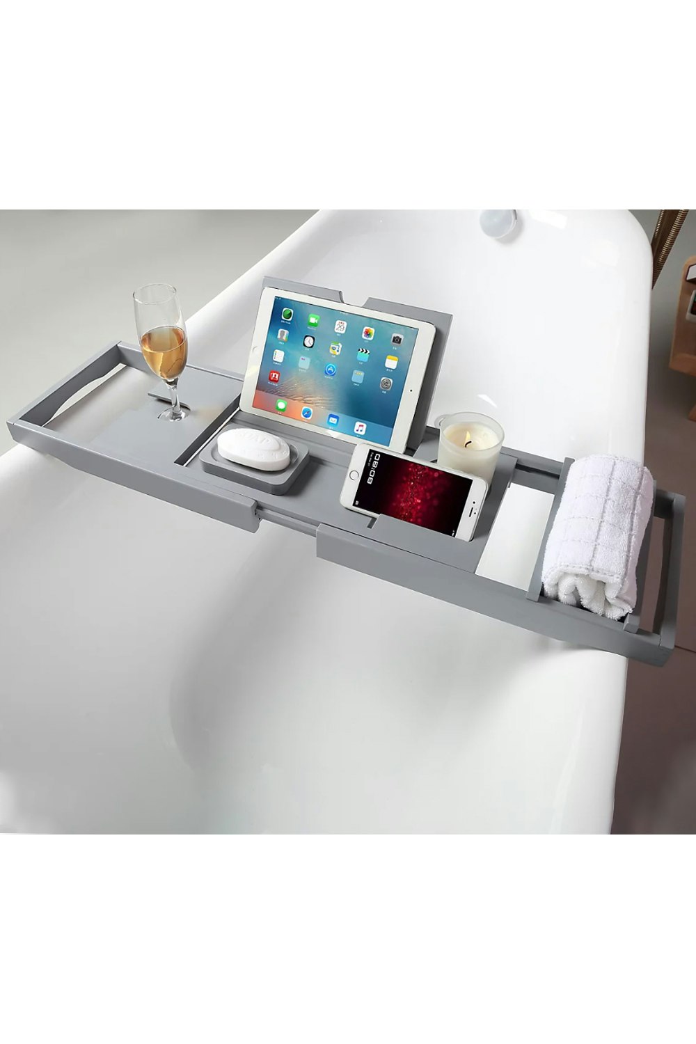 Rackhams Grey Rustic Expandable Bamboo Wooden Bathtub Caddy Tray