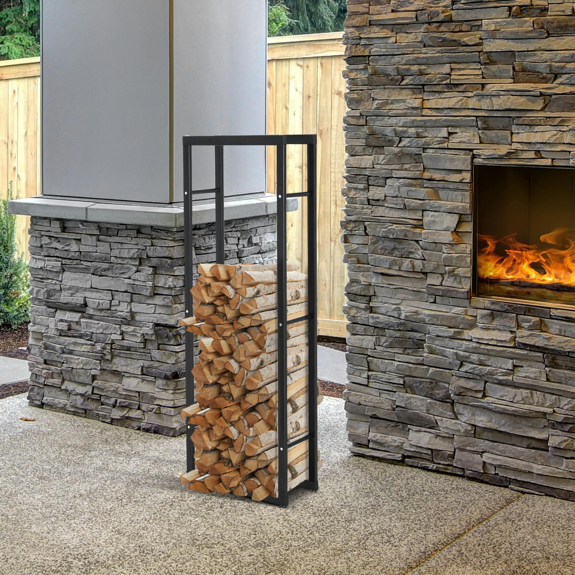 Rackhams Black Metal Firewood Log Holder Tall Firewood Rack Indoor Outdoor Fireplace Wood Storage Shelf With Side Rails, Rust-Resistant, 40W X 25D X 150H Cm - Image 6