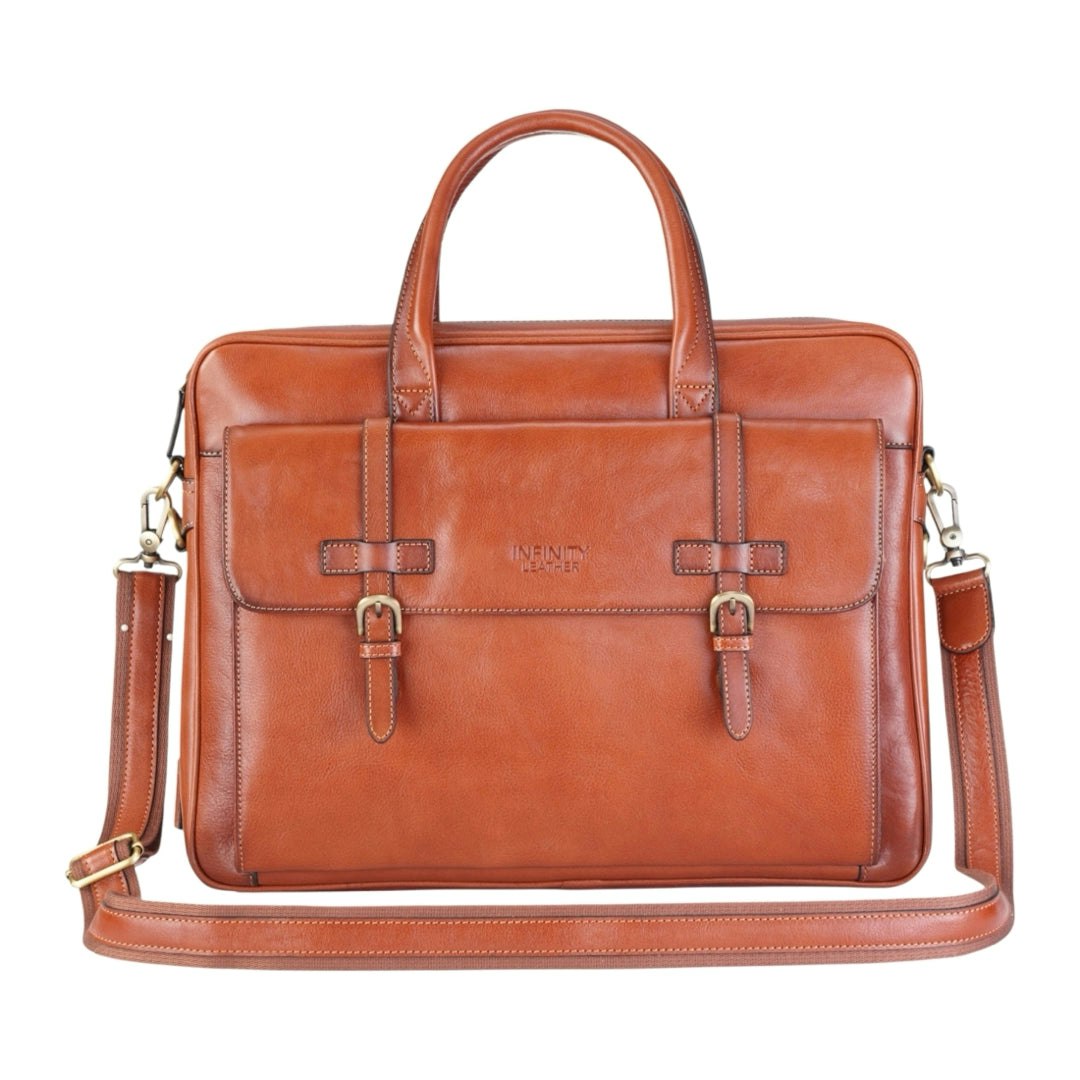 Infinity Leather Belmont - Vintage Genuine Leather Laptop Bag Briefcase - Tan