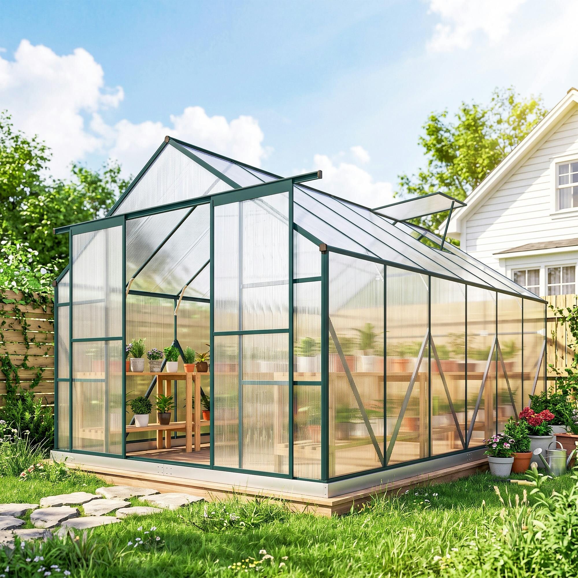 Bobobiy Light 8 X 12Ft Aluminium Greenhouse Polycarbonate Walk-In Garden Greenhouse Kit With Adjustable Roof Vent, Double Sliding Door, Rain Gutter, Clear - Clear - Image 4