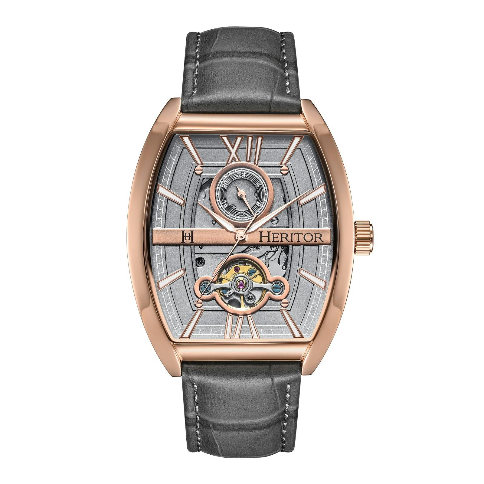 Heritor Automatic Gold/Grey Masterson Semi-Skeleton Leather-Band Watch - Rose