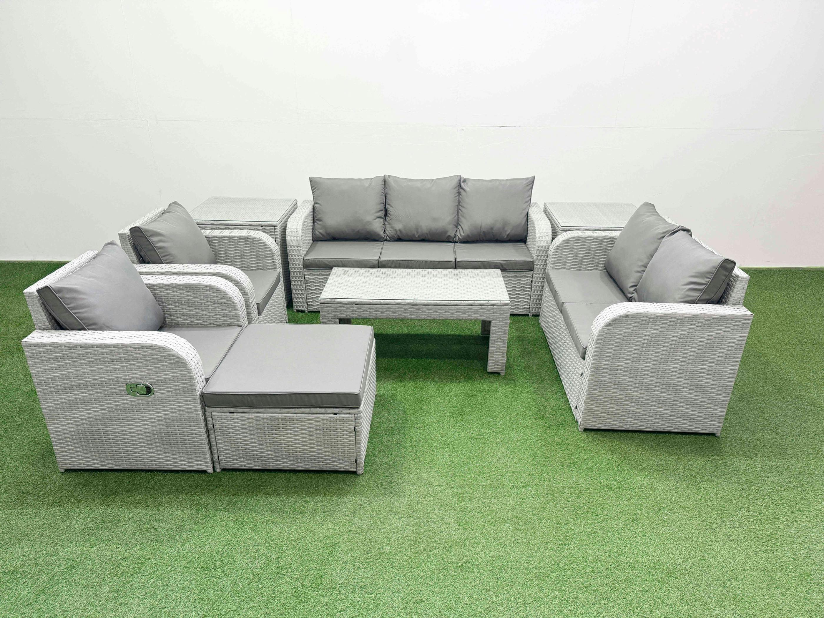 Fimous Light/Grey 8 Seater Rattan Garden Furniture Set With Coffee Table, 1 Sofa, 1 Loveseat, 2 Reclining Chairs, 1 Footstool & 2 Side Tables