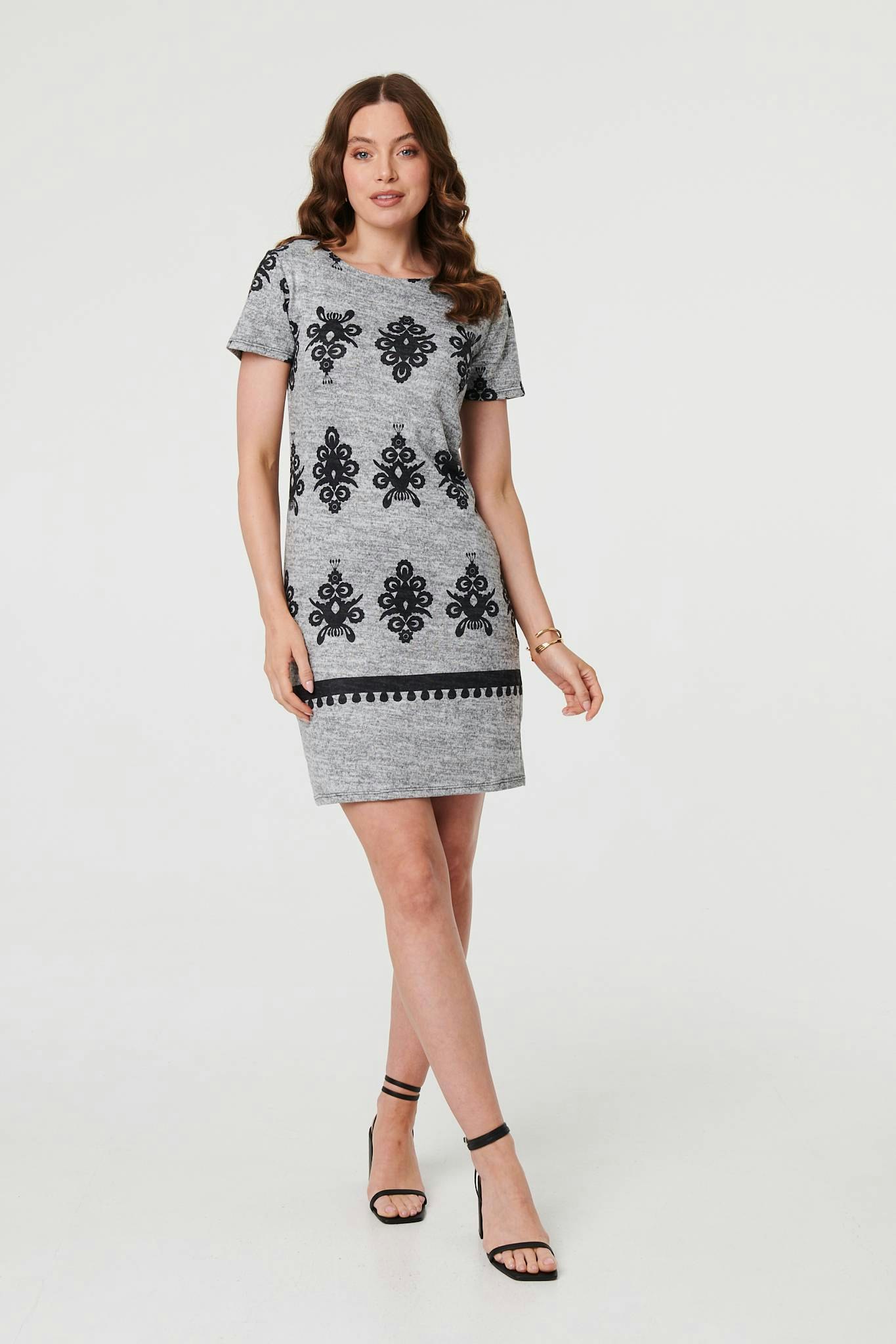 Izabel London Grey Printed Cap Sleeve Slim Short Dress - 8
