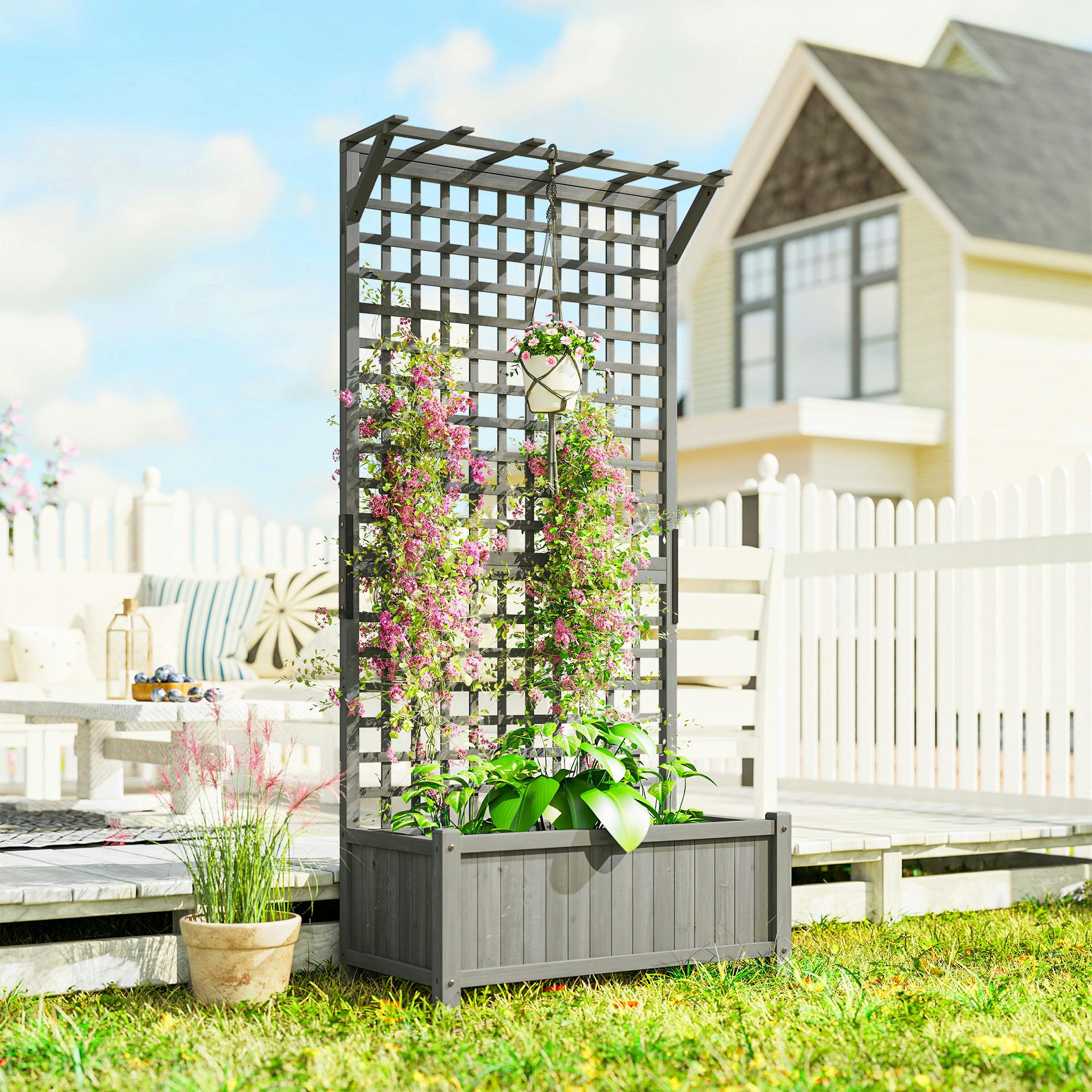 Rackhams Dark/Grey Wood Planter With Trellis For Climbing Plants Planter Box