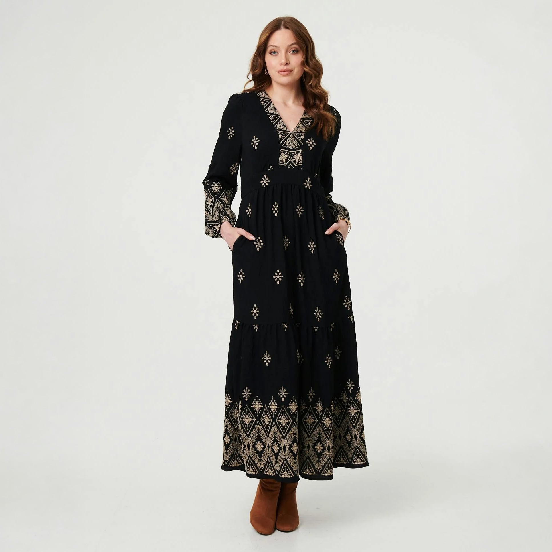 Izabel London Border Print Long Sleeve Maxi Dress - 8 - Navy