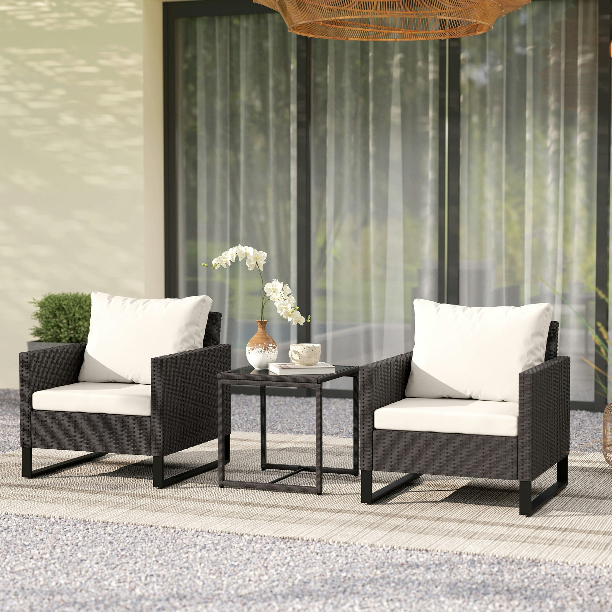 Rackhams Brown 3Pcs Rattan Bistro Set Glass Top Table And Chairs With 4 Cushions - Steel, Pe Rattan - 75H X 68W X 66D Cm