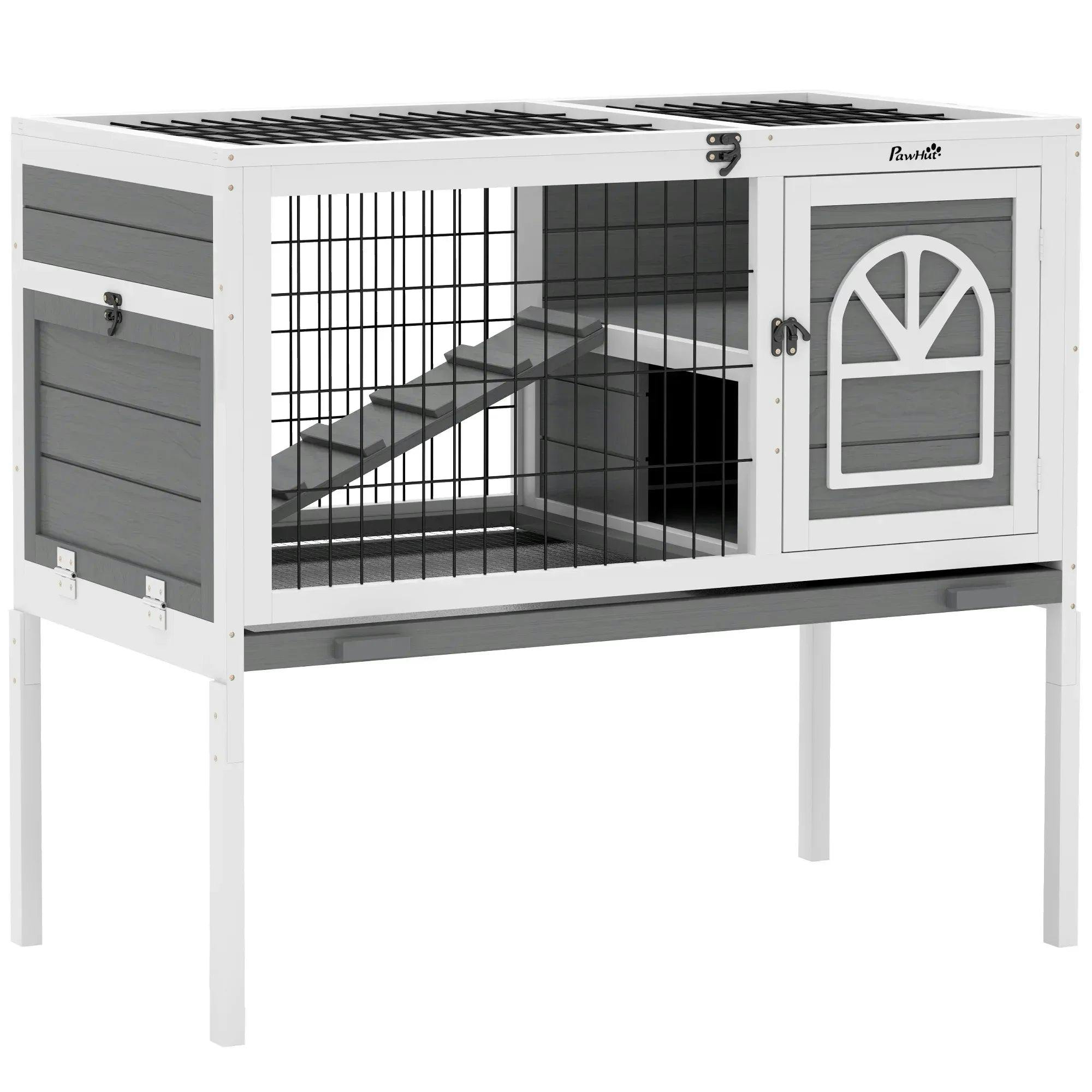 Pawhut Unisex Grey Wooden Rabbit Hutch, Small Animal House W/ Removable Tray, Openable Roof In - Image 5