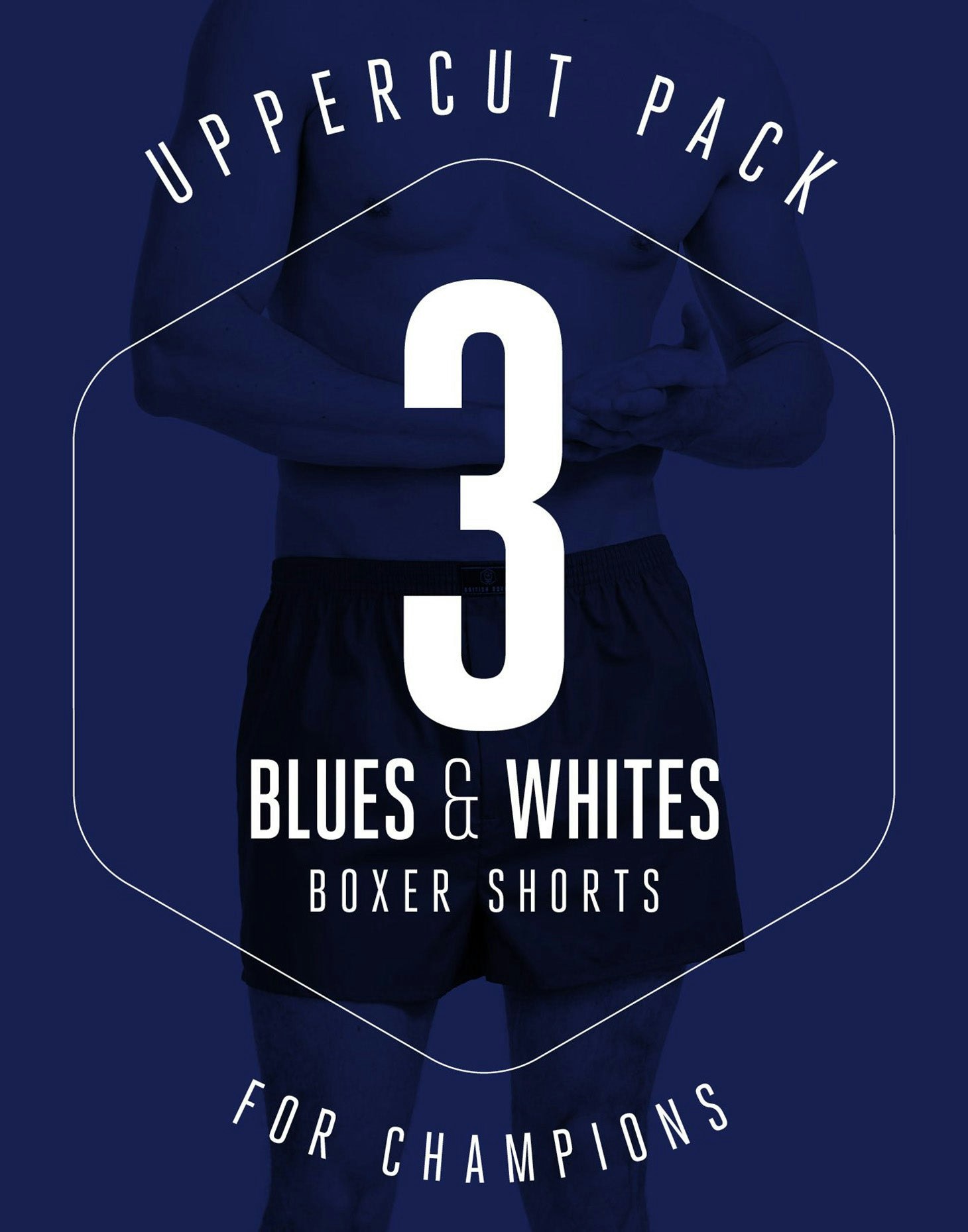 British Boxers Uppercut Pack! 3 Pairs Of Boxer Shorts In Blues & Whites - Medium