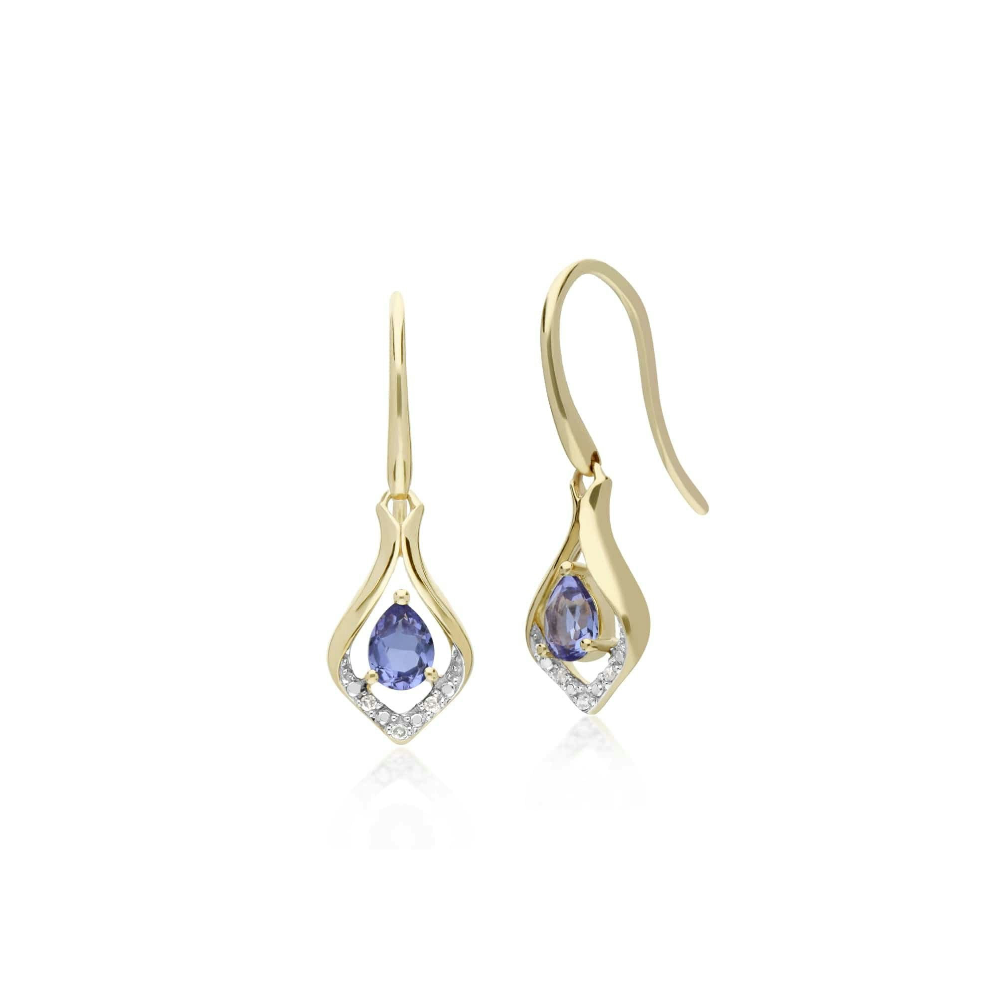 Gemondo Yellow/Gold Classic Pear Tanzanite & Diamond Leaf Halo Drop Earrings In 9Ct - 9Ct Round Tanzanite & Diamond Leaf Drop Earrings