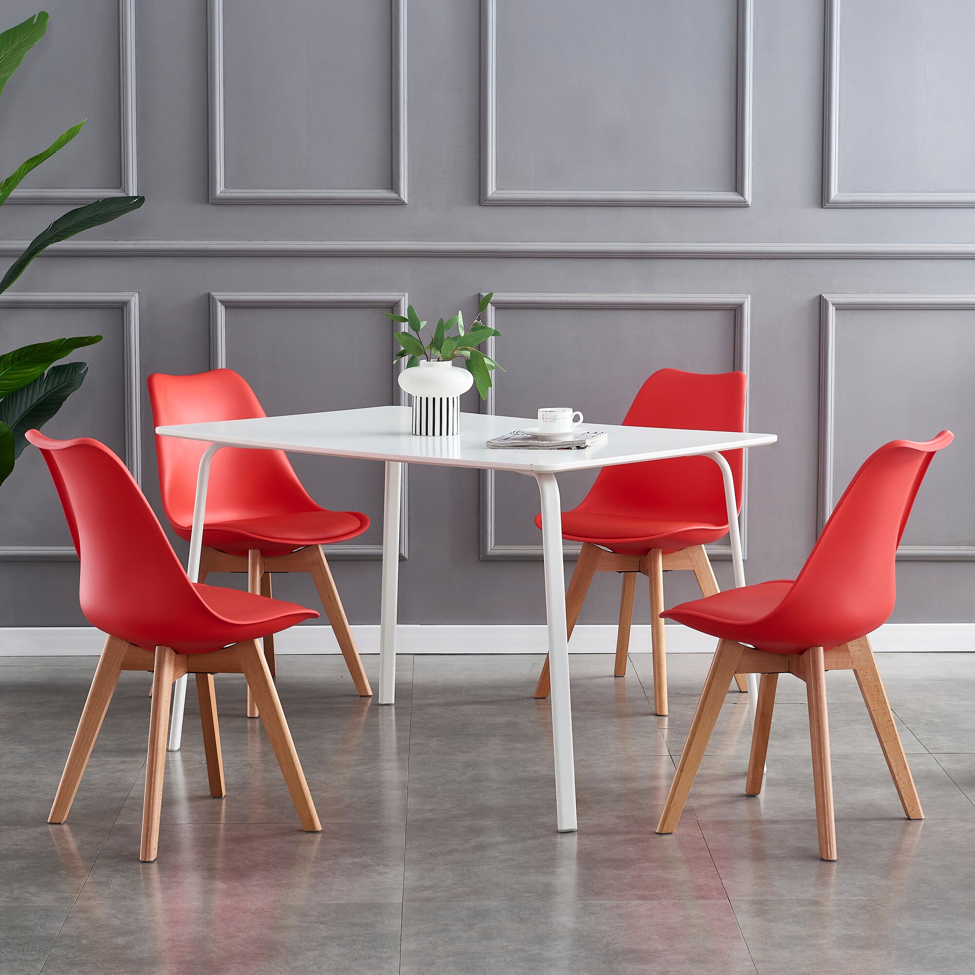 Rackhams Red Set Of 4 Dining Chairs With Solid Wooden Legs And Seat Cushion Pads Eva