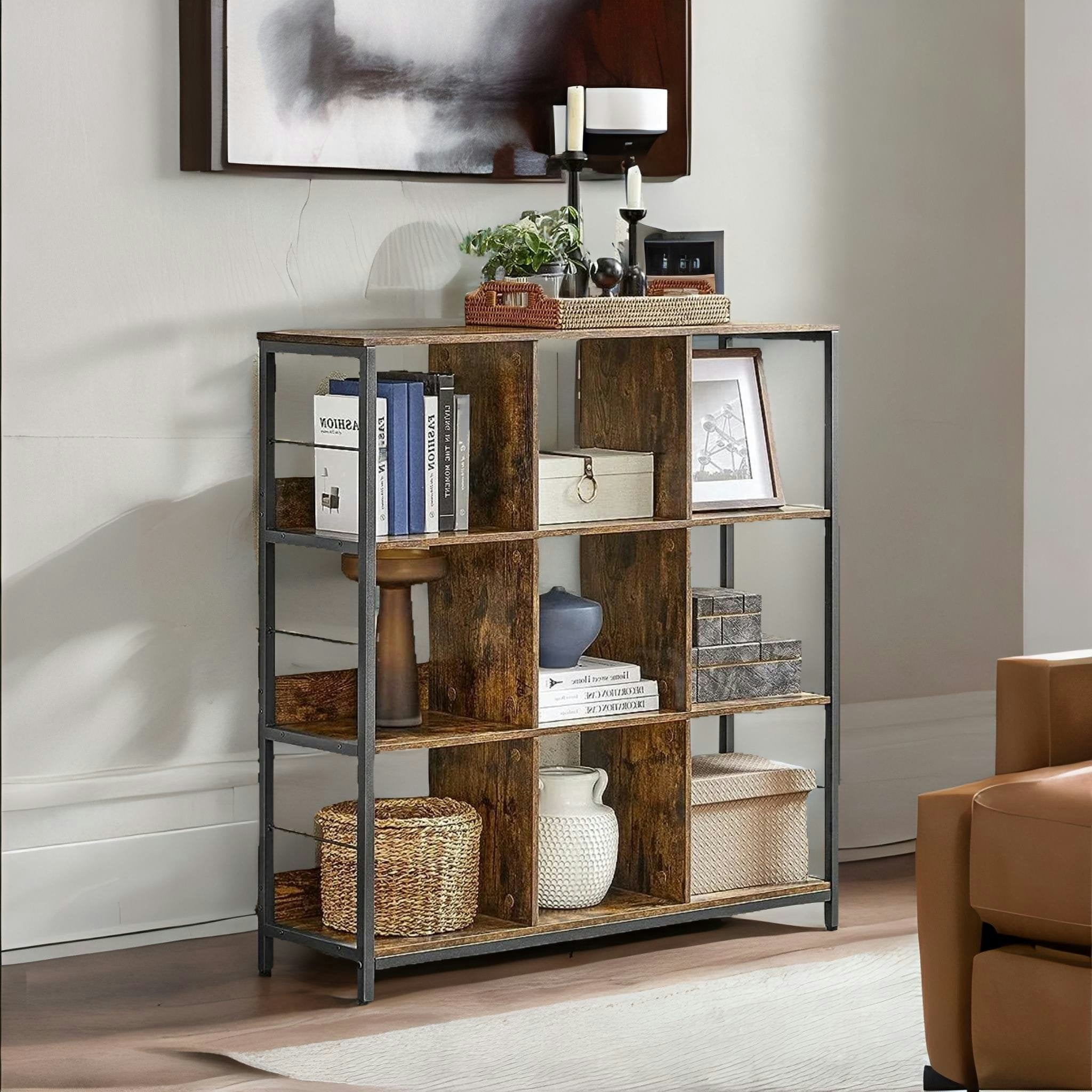 Rafaelo Mobilia Brown/Black 3 Tier Cube Storage Shelf With 9 Compartments Industrial Rustic