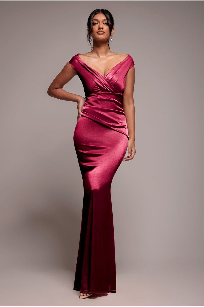 Goddiva Black Satin Off The Shoulder Maxi Dress - Wine By - Wine - 12