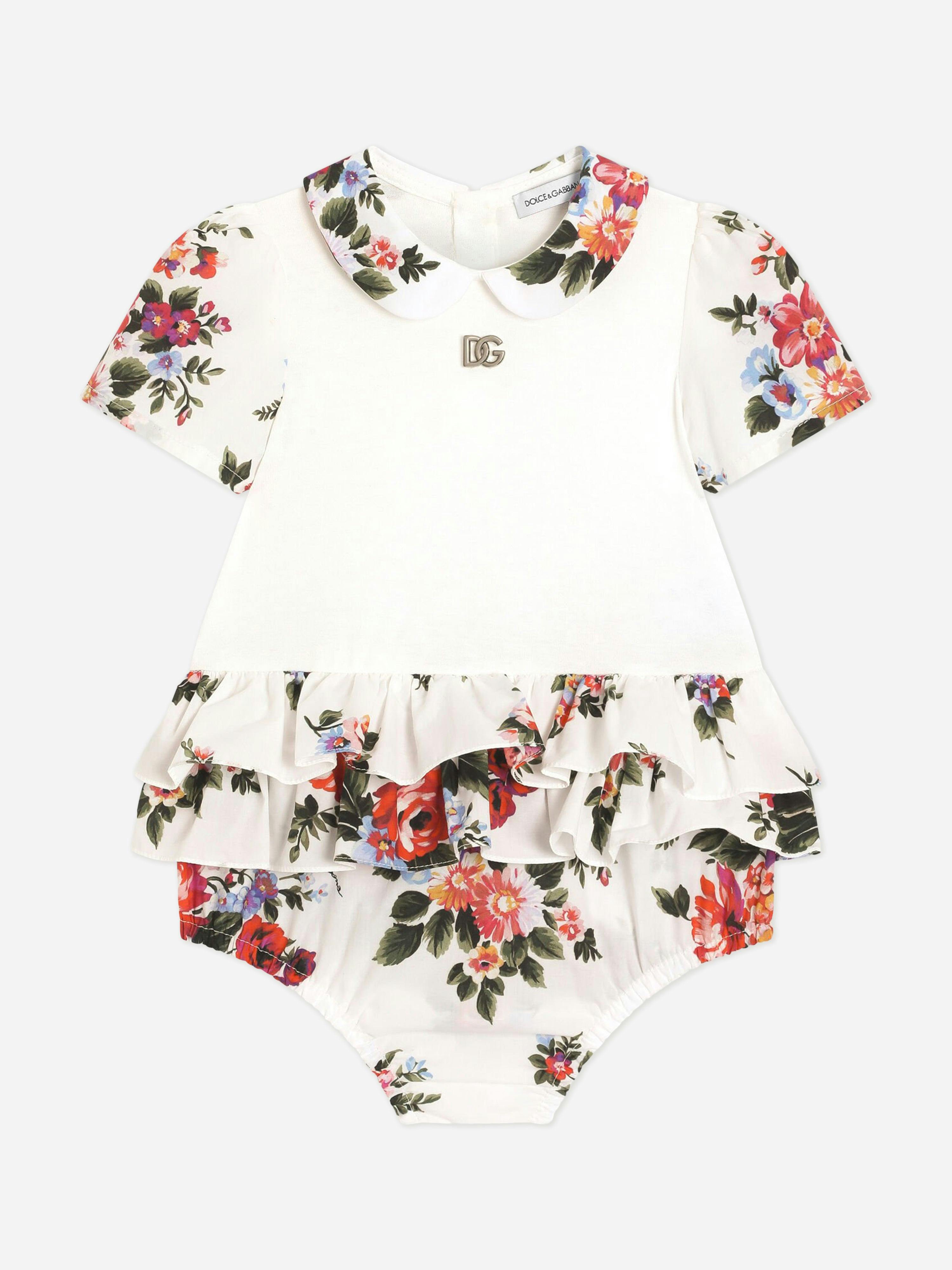 Dolce & Gabbana Kids Girls White Dolce & Gabbana Baby Floral Print Romper Dress In - 12 - 18 Mths