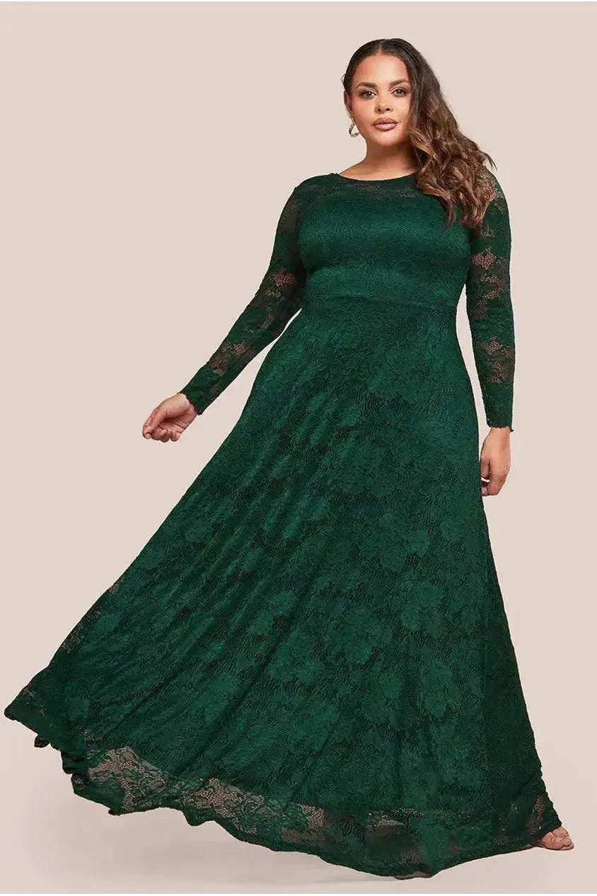 Goddiva Plus Green Scalloped Lace A-Line Maxi Dress - Emerald By - Emerald - 26