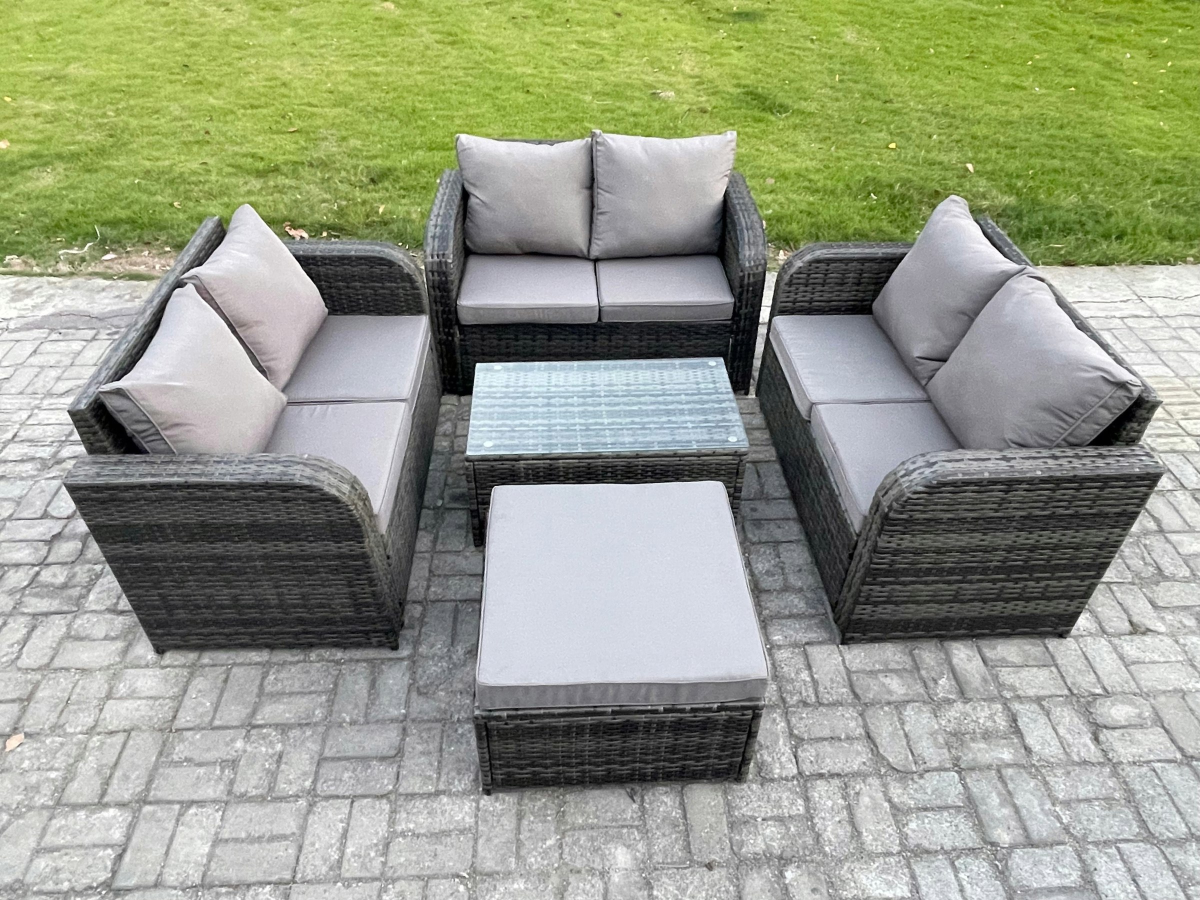 Rackhams Dark/Grey Outdoor Garden Furniture Sets 7 Seater Wicker Rattan Furniture Sofa Sets With Rectangular Coffee Table Love Sofa Big Footstool Mixed