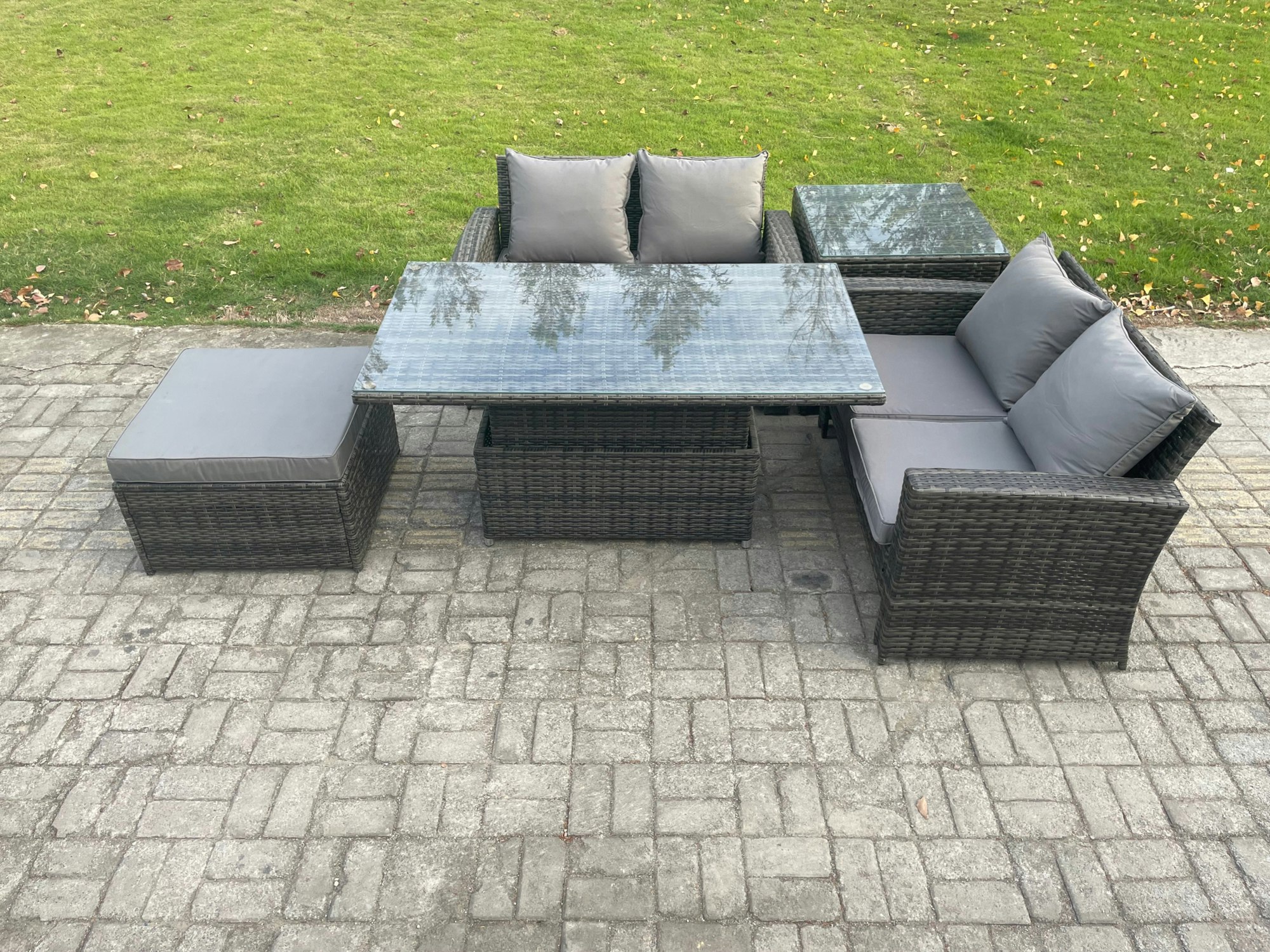 Fimous 5 Pieces Garden Furniture Sets Poly Rattan Outdoor Patio Height Adjustable Rising Lifting Table Sofa Dining Set With Side Table Big Footstool