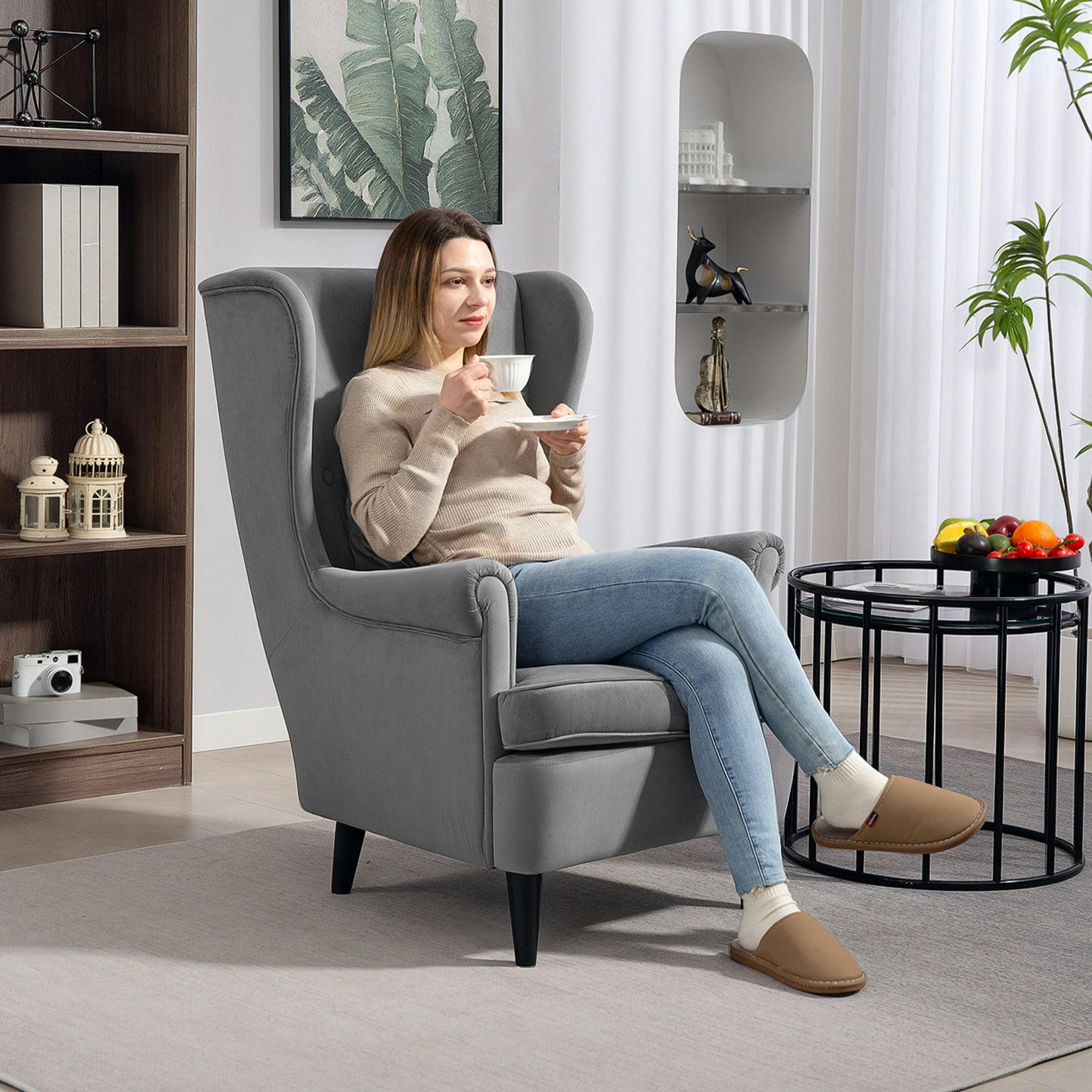 Homcom Grey/Dark Wingback Chair, Modern Accent Chair For Living Room Bedroom,