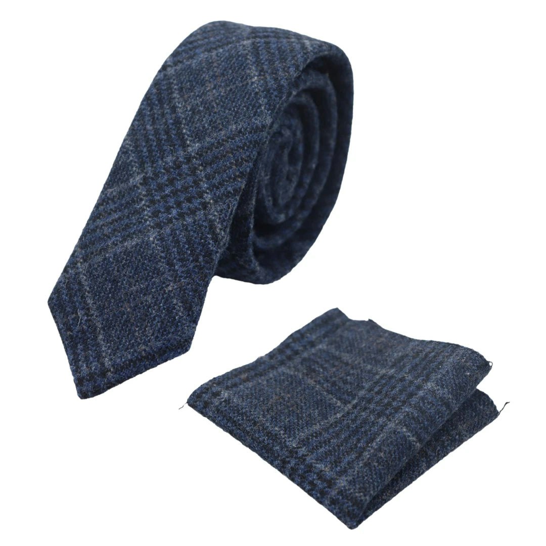 Truclothing Men's Blue Tweed Herringbone Tie & Pocket Square Set