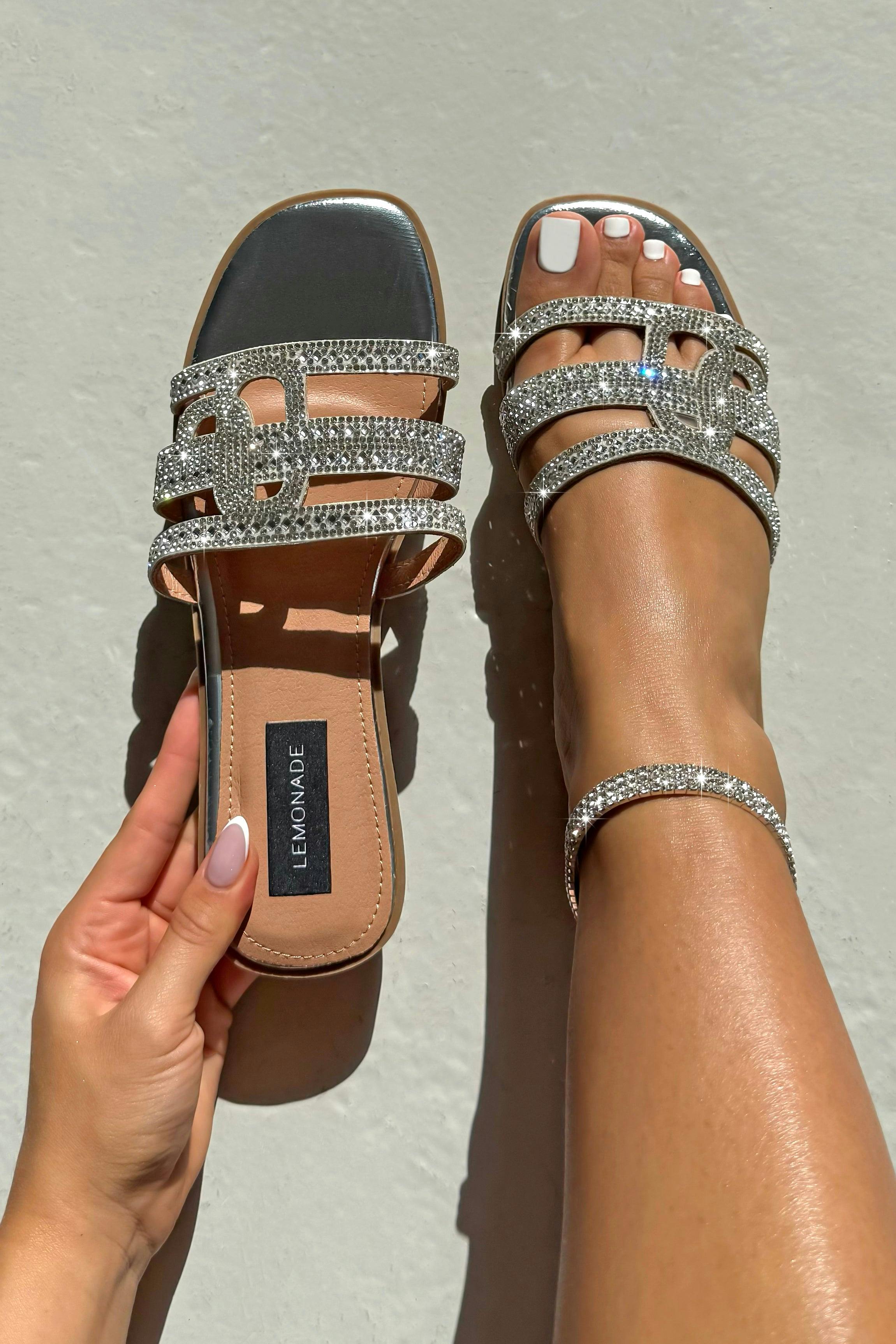 Love Lemonade Women's Silver Crystal Coastline Sliders - Uk 6 - Eu 39 - Us 8