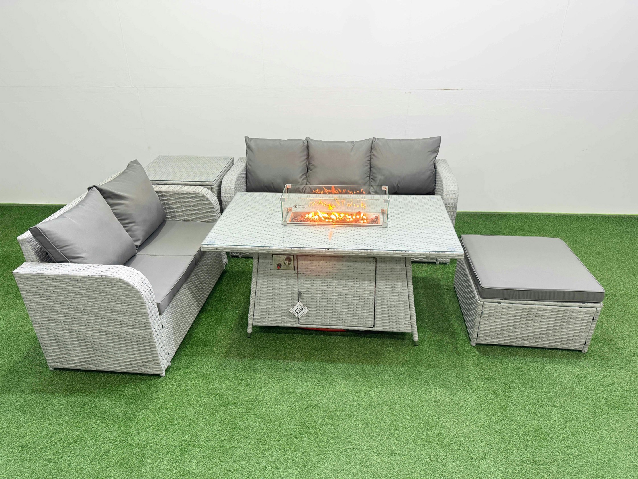 Rackhams Light/Grey/Dark 6 Seater Rattan Garden Furniture Patio Sofa Set With Fire Pit Dining Table 3 Seater Sofa Love Sofa Big Footstool Side Table
