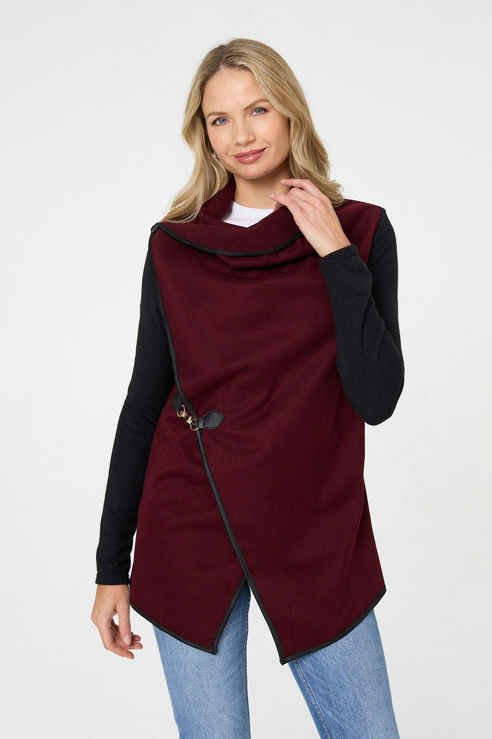 Izabel London Red Asymmetric Buckle Detail Wrap Jacket - 10